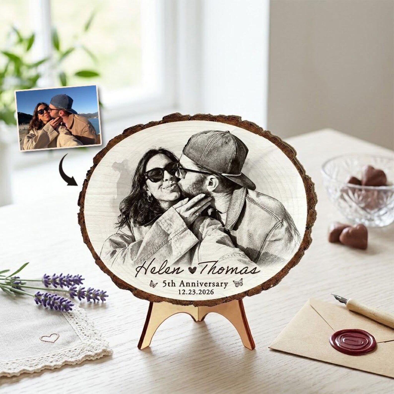 Custom Wedding Portrait From Photo Wooden Sign, Personalized Wedding Gift for Couple, 5th Anniversary Gift for Husband, Rustic Wedding Decor. WSBILUMIE1