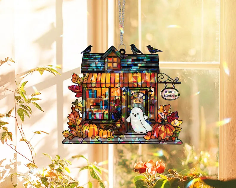 Halloween Haunted Bookstore Window Hanging, Halloween Ghost Window Hanging, Bookworm Gift, Fall Decor, Book Lover Gift, Spooky Home Decor, SCCBILUMIE3