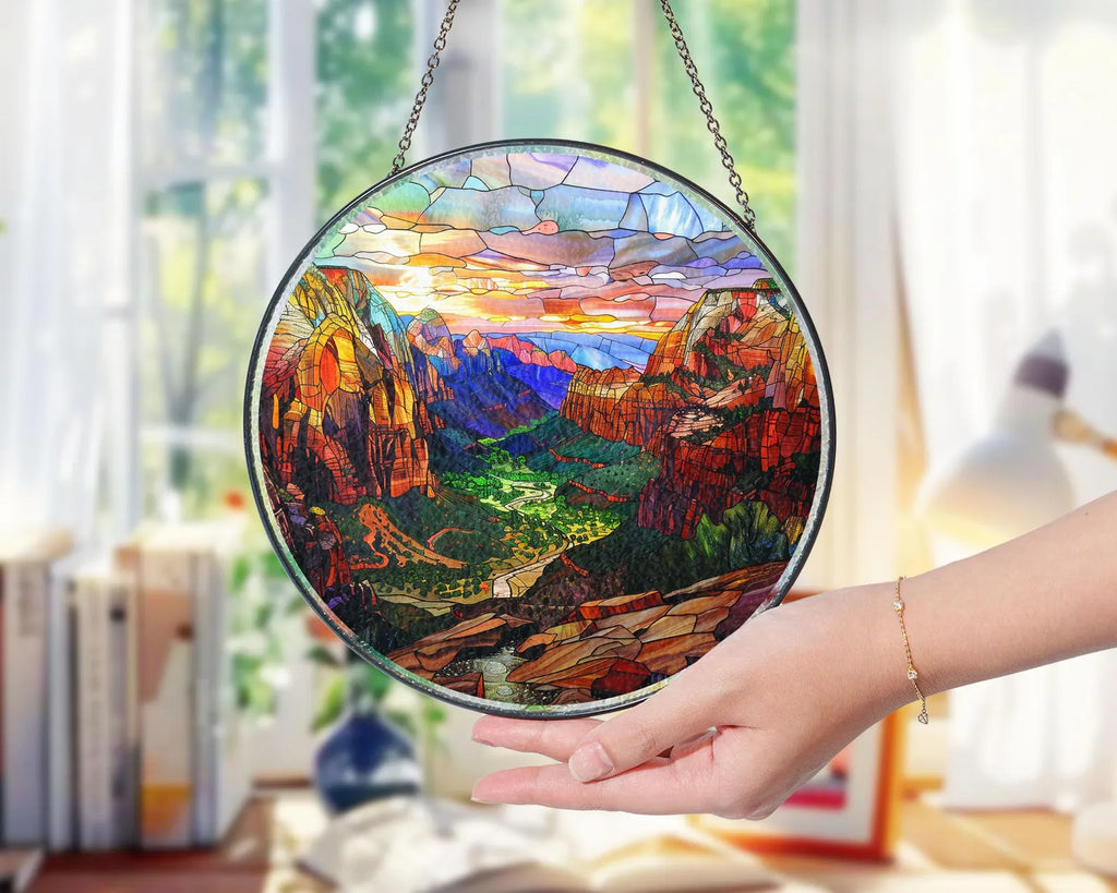 Zion National Park Glass Suncatcher, US National Park Glass Art, National Parks Window Hangings, Hiker Gift, Window Decor, Christmas Gifts. SCBILUMIE26