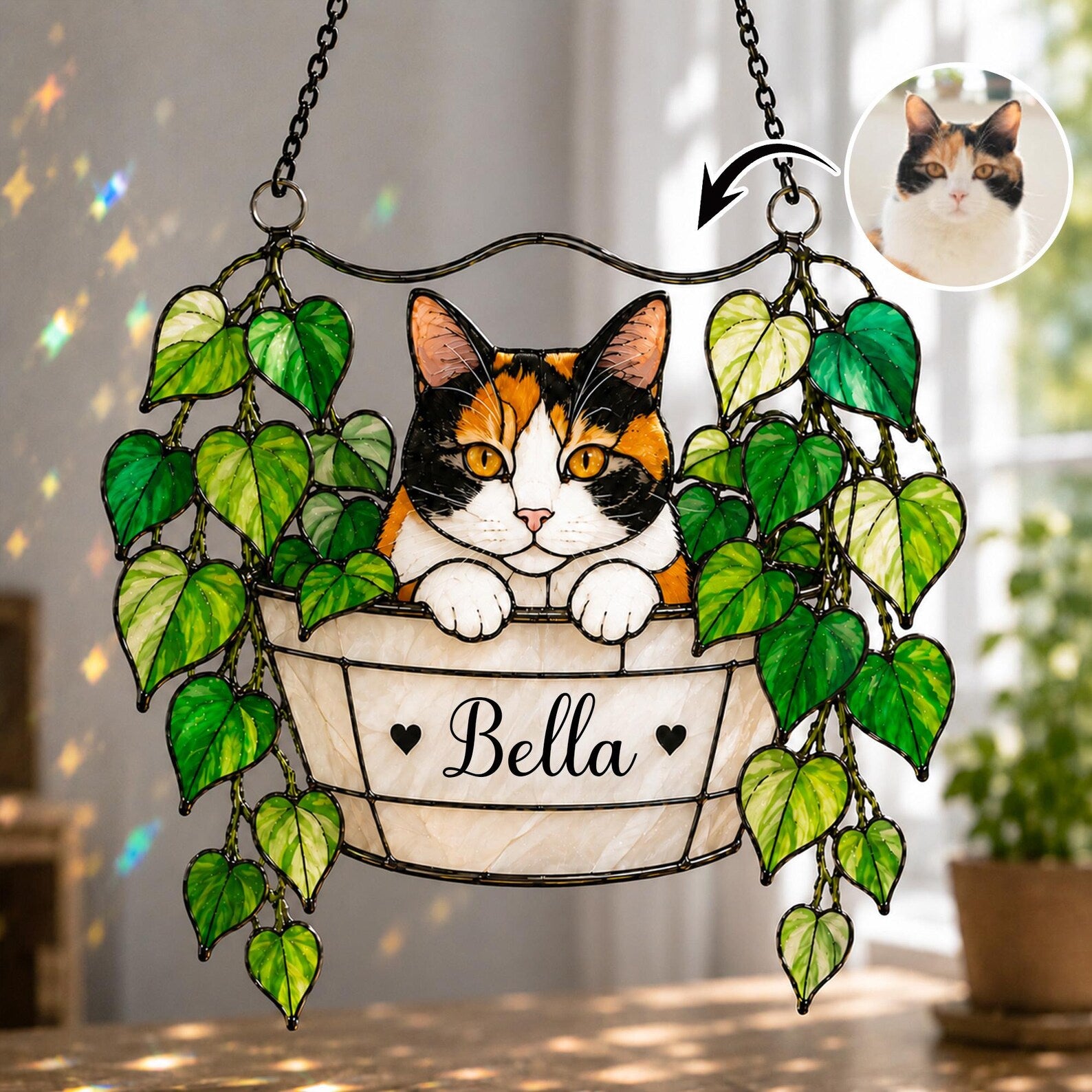 Personalized Cat Portrait Glass Suncatcher, Pothos Plant Suncatcher, Cat Lover Gift, Botanical Glass Art, Cat Mom Gift, Window Hanging. SCCBILUMMIE6
