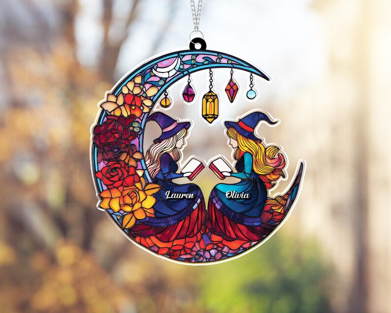 Witch Reading Window Hanging, Halloween Witch And Moon Window Hanging, Bookworm Gift, Fall Decor, Book Lover Gift, Halloween Decor, SCCBILUMIE1