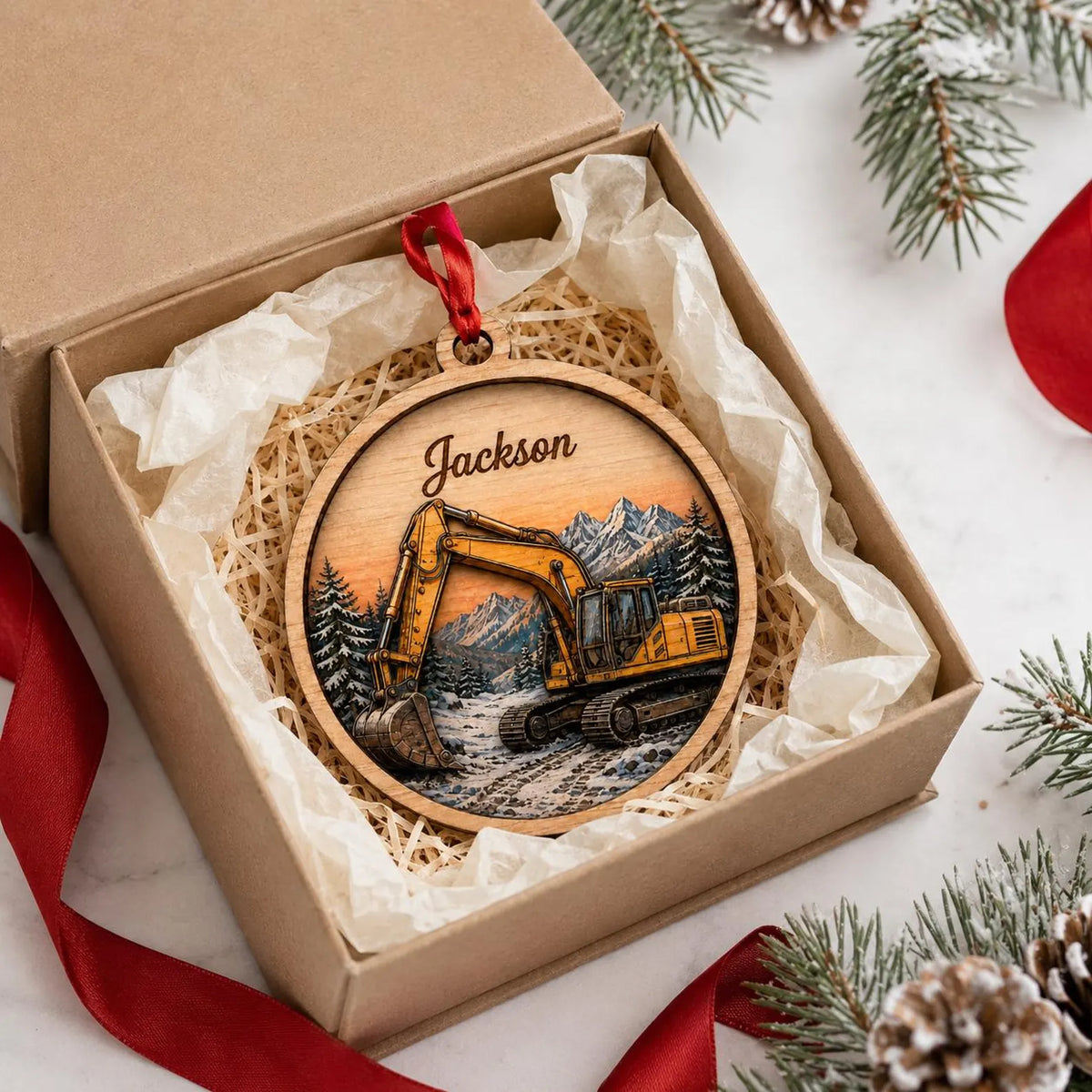 Personalized Excavator Wooden Ornament, Custom Name Construction Christmas Ornament, Digger Ornament, Heavy Equipment Gift for Boys	COBILUMIE97