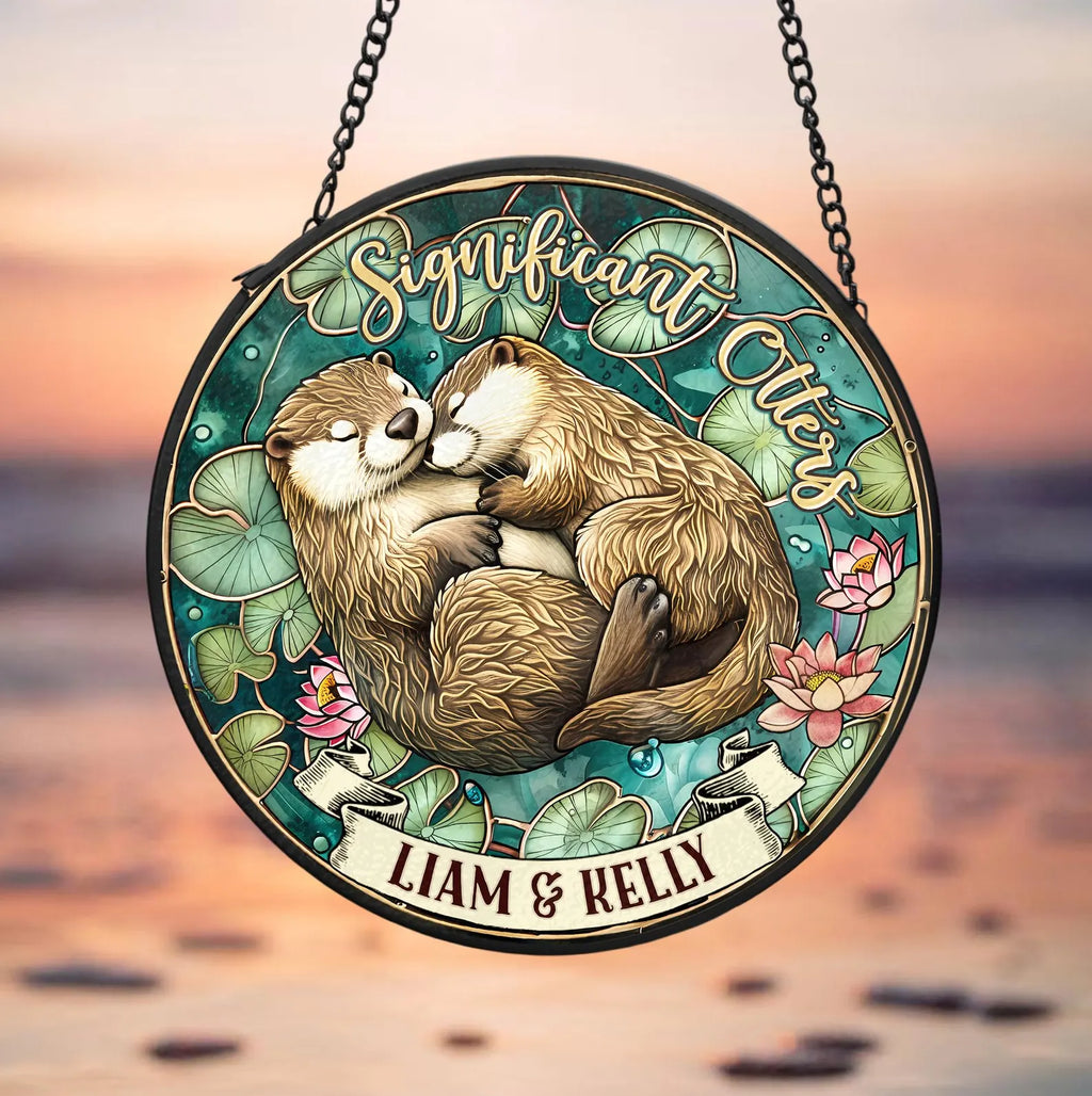 Personalized Otter Couple Glass Suncatcher, Animal Glass Suncatcher, Valentine Gifts, Anniversary Gift, Gift For Couple, Otter Gift. SCBILUMIE6