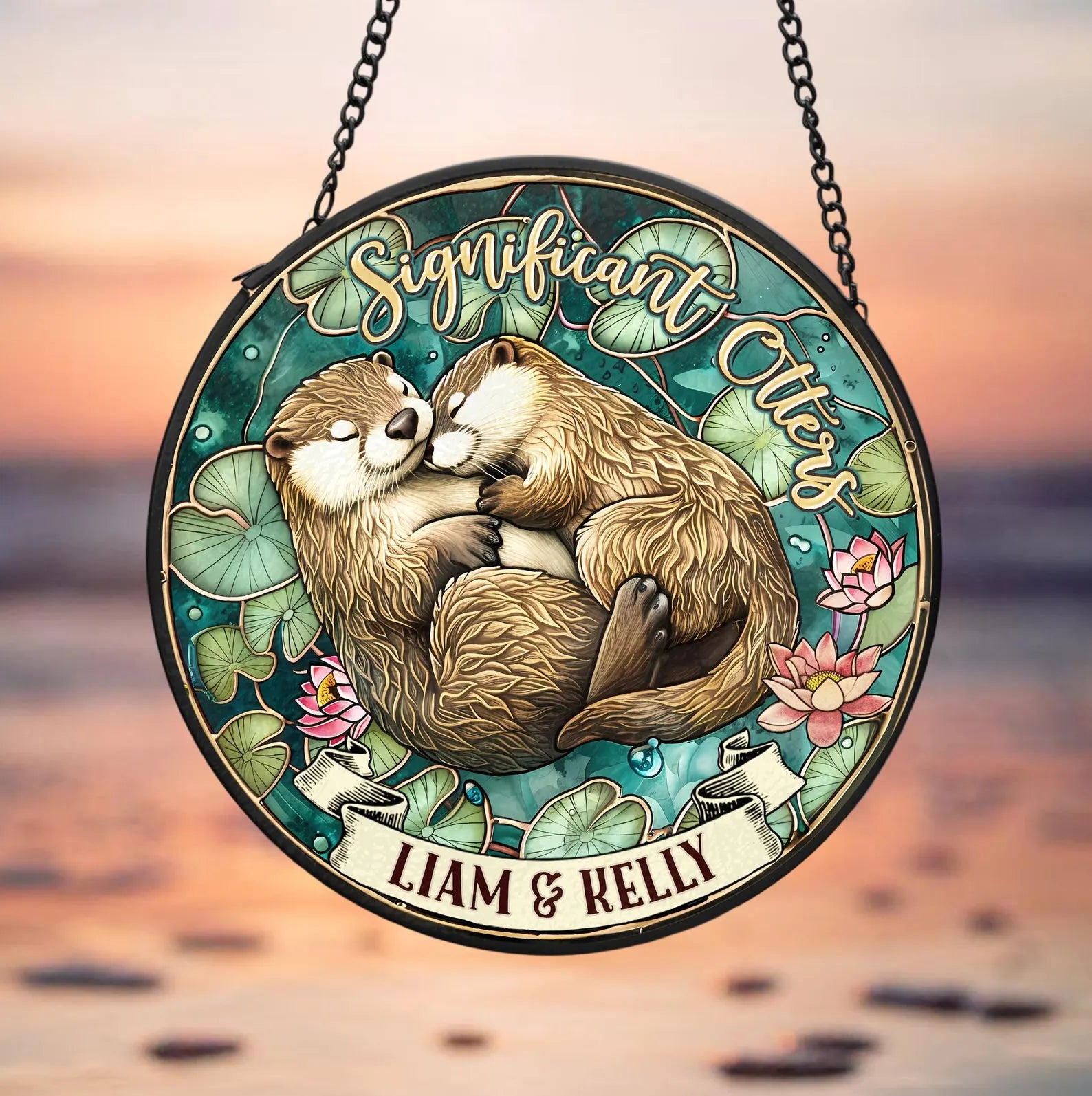 Personalized Otter Couple Glass Suncatcher, Animal Glass Suncatcher, Valentine Gifts, Anniversary Gift, Gift For Couple, Otter Gift. SCBILUMIE6