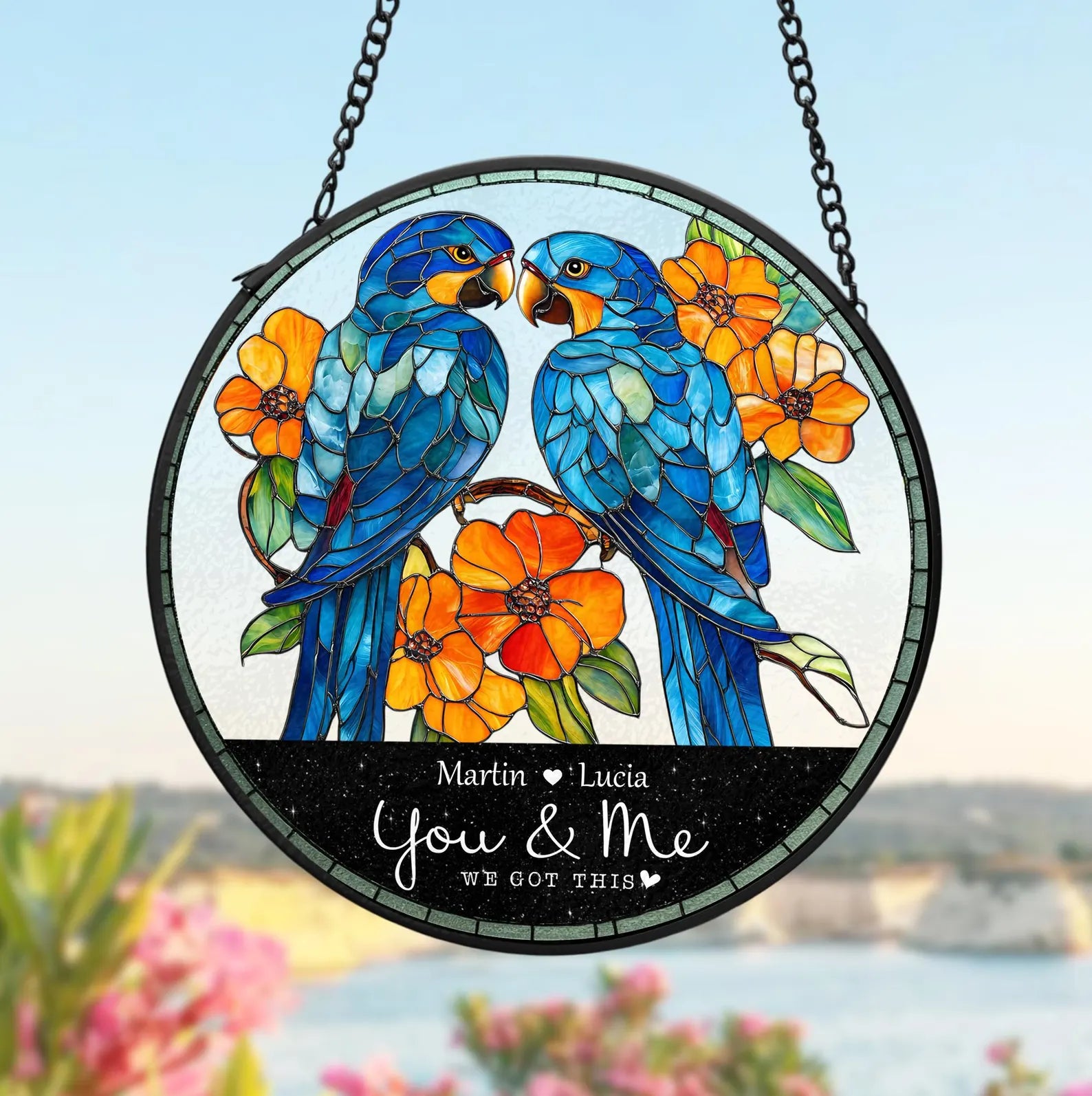 Personalized Parrot Couple Glass Suncatcher, Parrot Glass Art, Gift For Couple, Anniversary Gift, Parrot Lover Gift, Valentine Gifts. SCBILUMIE9