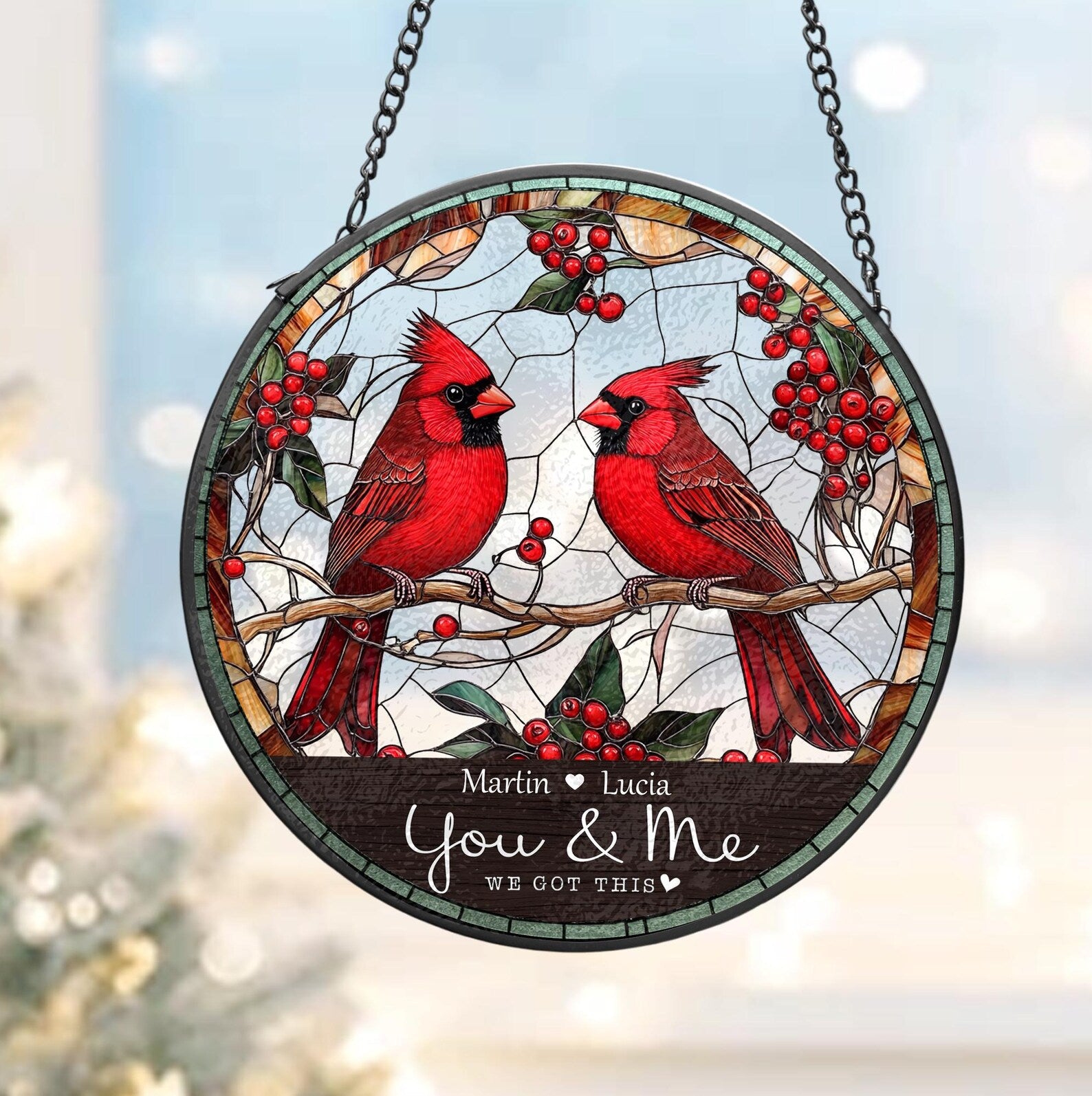 Personalized Cardinal Couple Glass Suncatcher, Cardinal Glass Art, Valentine Gifts, Anniversary Gift, Gift For Couple, Home Decor. SCBILUMIE1