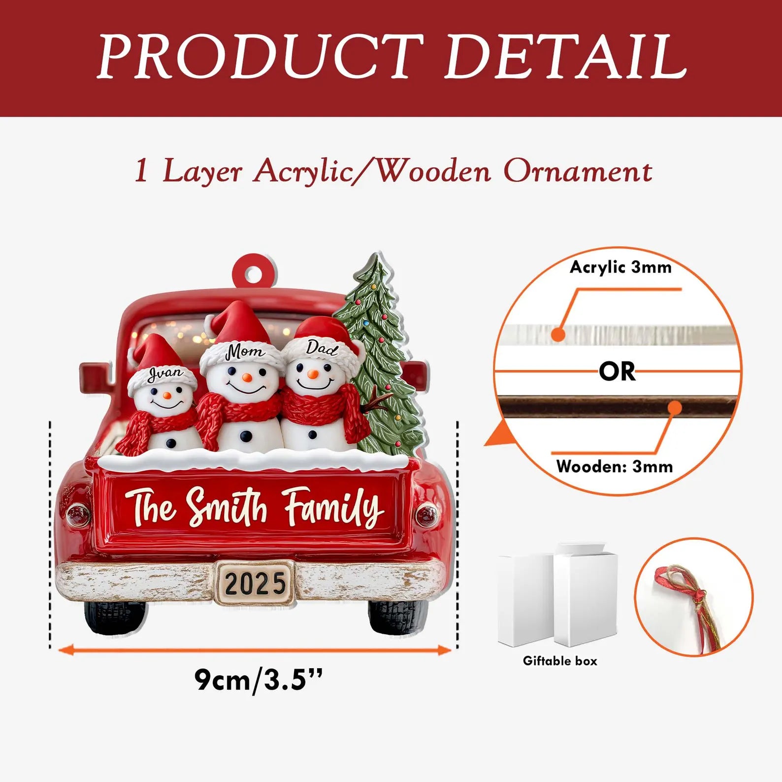 Custom Snowman Family Ornament, Up To 12 Snowmen Ornament, Red Truck Ornament, Family Christmas Gift, Holiday Keepsake, Christmas Tree Decor COBILUMIE51
