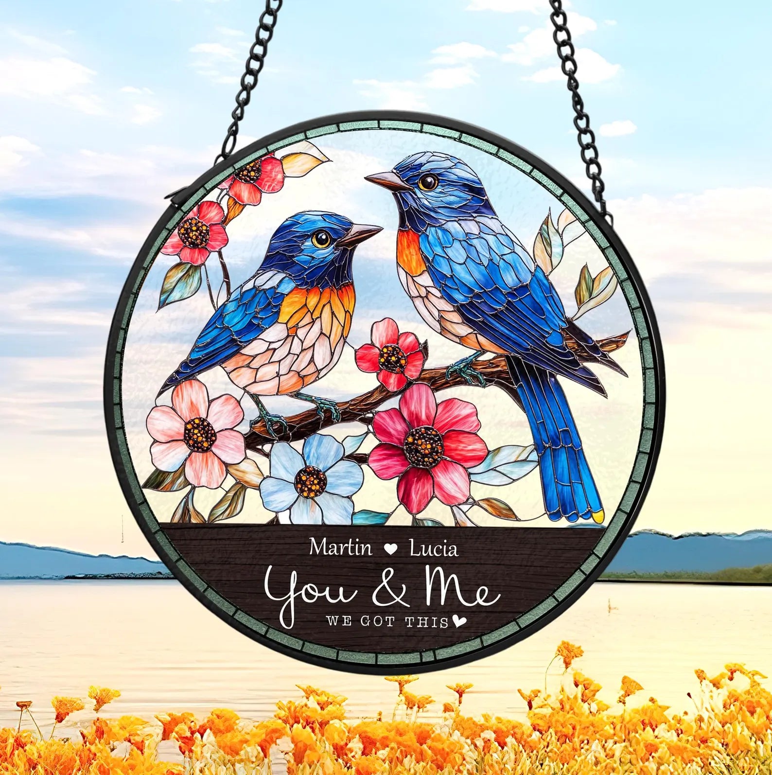 Personalized Bluebird Couple Glass Suncatcher, Bird Glass Suncatcher, Gift For Couple, Valentine Gifts, Bird Lover Gift, Anniversary Gift. SCBILUMIE8
