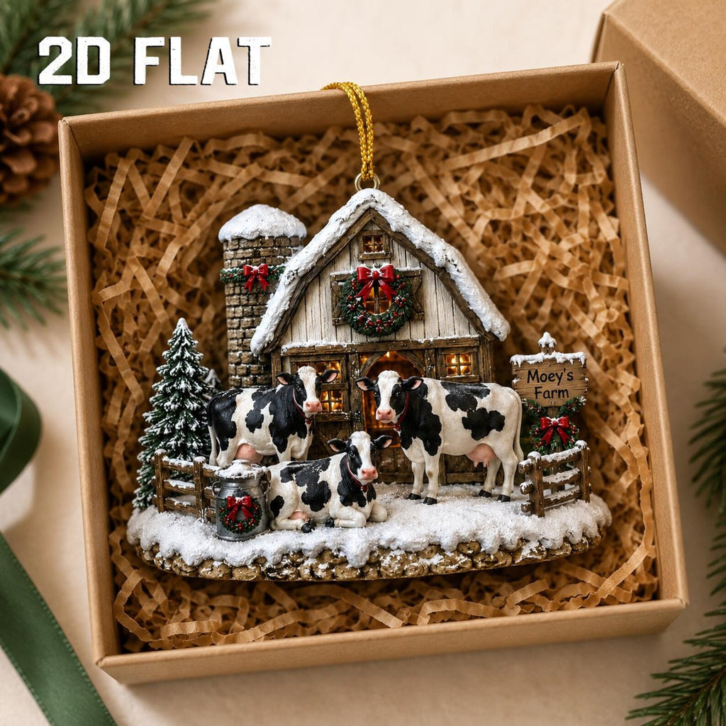 Personalized 2D Flat Cow Christmas Ornament, Custom Farm Name Wooden Ornament, Farmhouse Christmas Decor, Cow Lover Gift, Ranch Keepsake	COBILUMIE89
