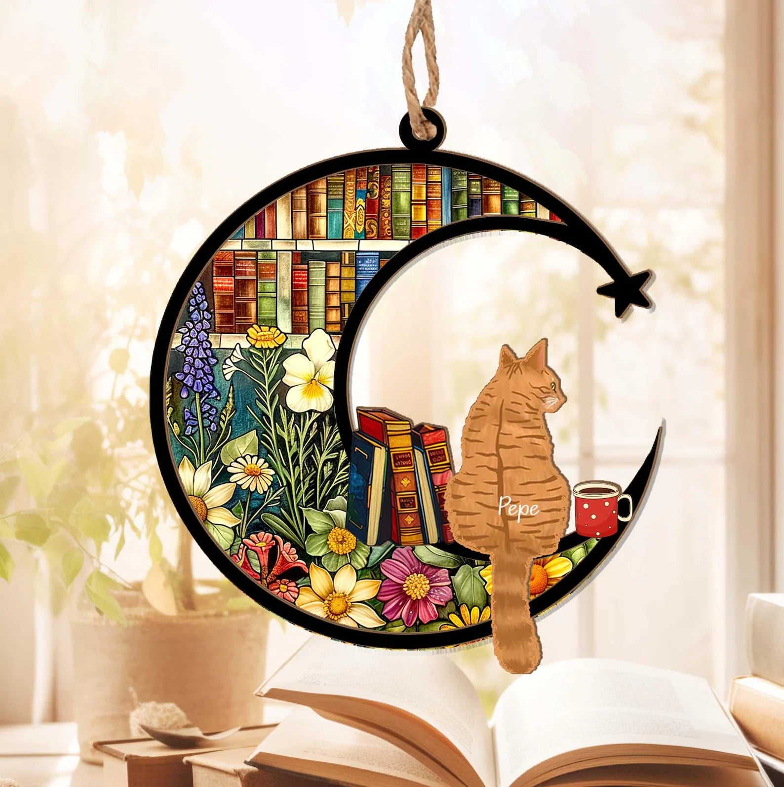 Personalized Cat Book Suncatcher, Custom Reading Cat Suncatcher, Bookish Gift, Cat Window Hangings, Gift for Cat Lover, Gift for Book Lovers. SCCBILUMMIE36