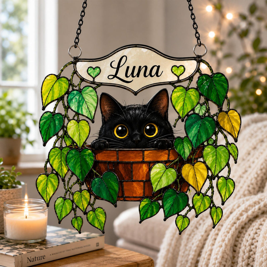Personalized Black Cat Glass Suncatcher, Pothos Plant Suncatcher, Cat Lover Gift, Plant Mom Gift, Botanical Glass Art, Window Hanging. SCCBILUMMIE11