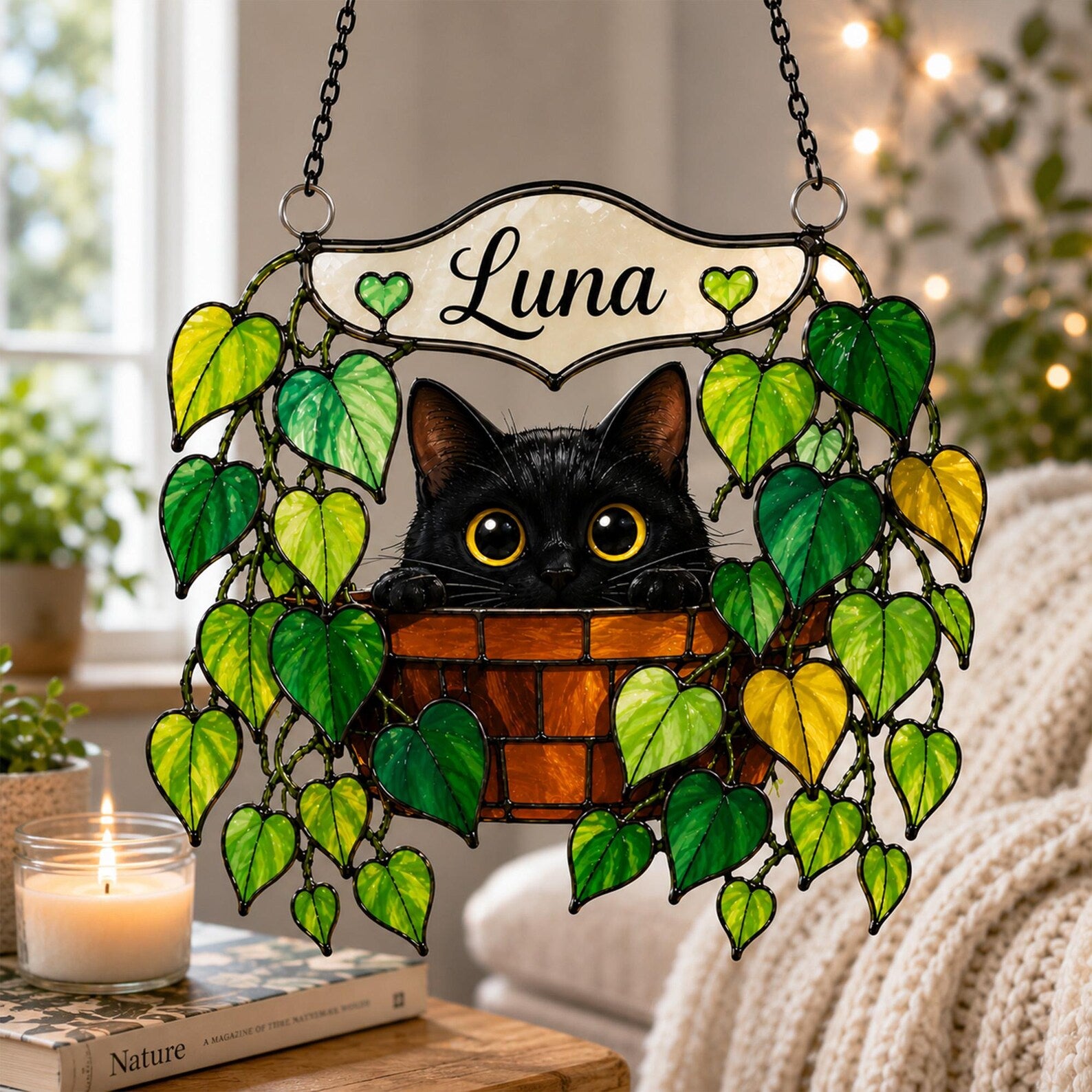 Personalized Black Cat Glass Suncatcher, Pothos Plant Suncatcher, Cat Lover Gift, Plant Mom Gift, Botanical Glass Art, Window Hanging. SCCBILUMMIE11