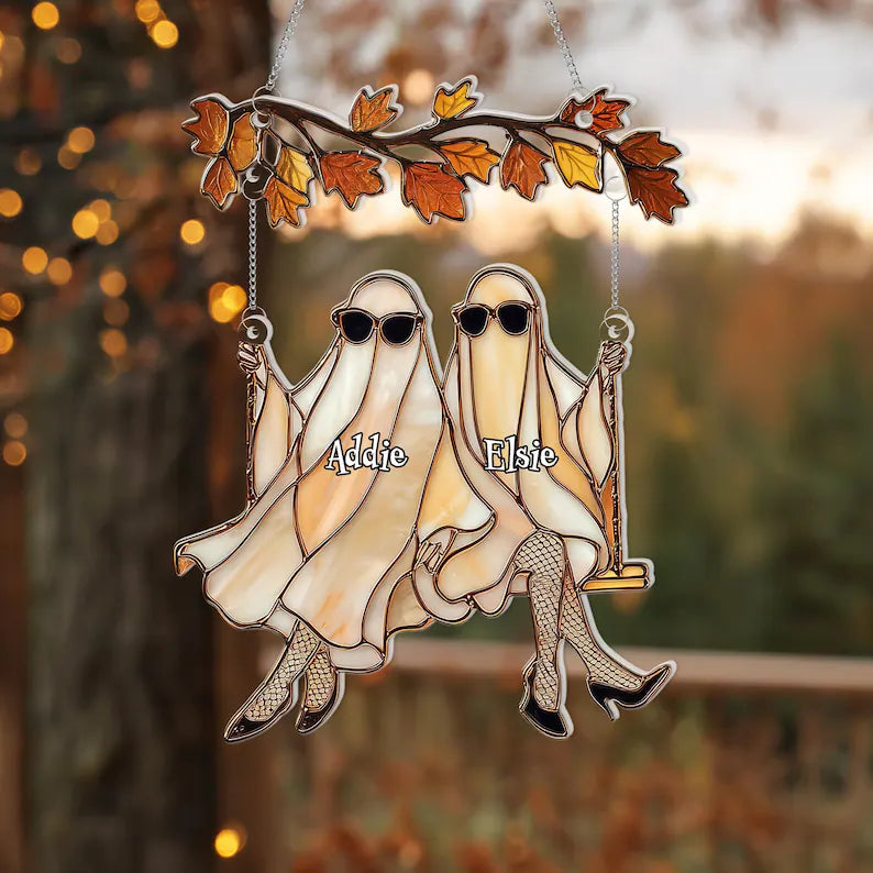 Custom Halloween Ghosts Suncatcher – Best Friends Gift, Ghost Besties Halloween Decor, Spooky Bestie Gift, Halloween Window Hanging, SCCBILUMIE2