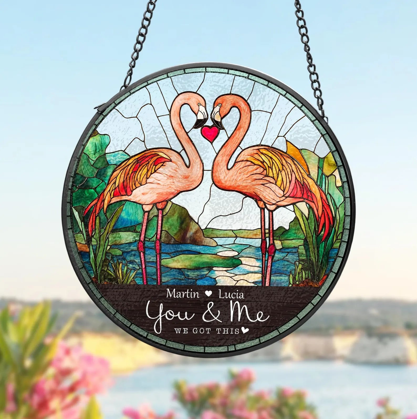 Custom Pink Flamingo Couple Glass Suncatcher, Flamingo Glass Art, Gift For Couple, Flamingo Decor, Flamingo Lover Gift, Valentine Gifts. SCBILUMIE7