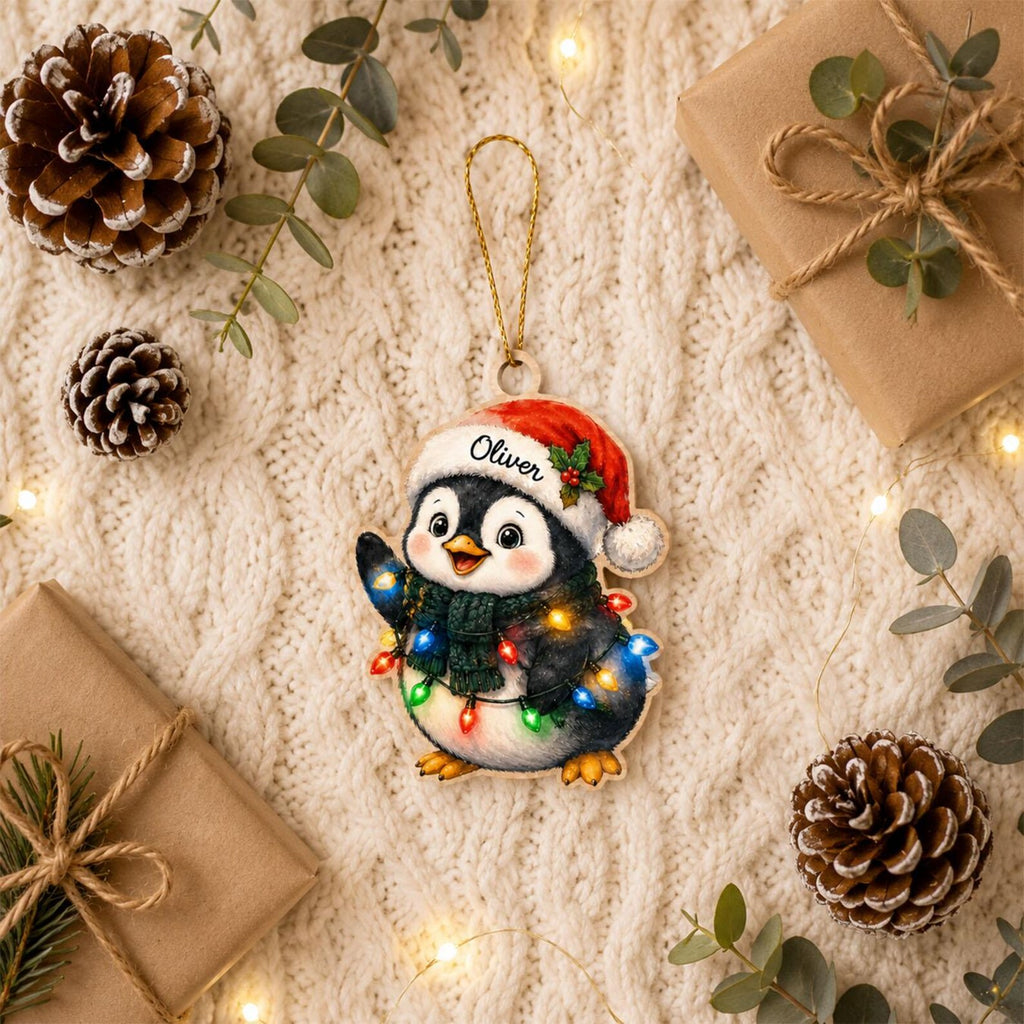 Personalized Penguin Wooden Ornament, Custom Name Christmas Ornament, 2D Flat Penguin Christmas Gift, Kids Holiday Keepsake	COBILUMIE106