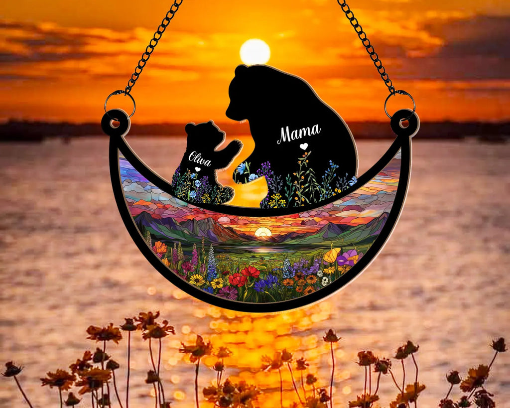 Personalized Mama Bear Suncatcher, Custom Bear Family Gift, Mother's Day Gift For Mom, Mom Gift From Kids, Mom Birthday Gift. MDBILUMIE4