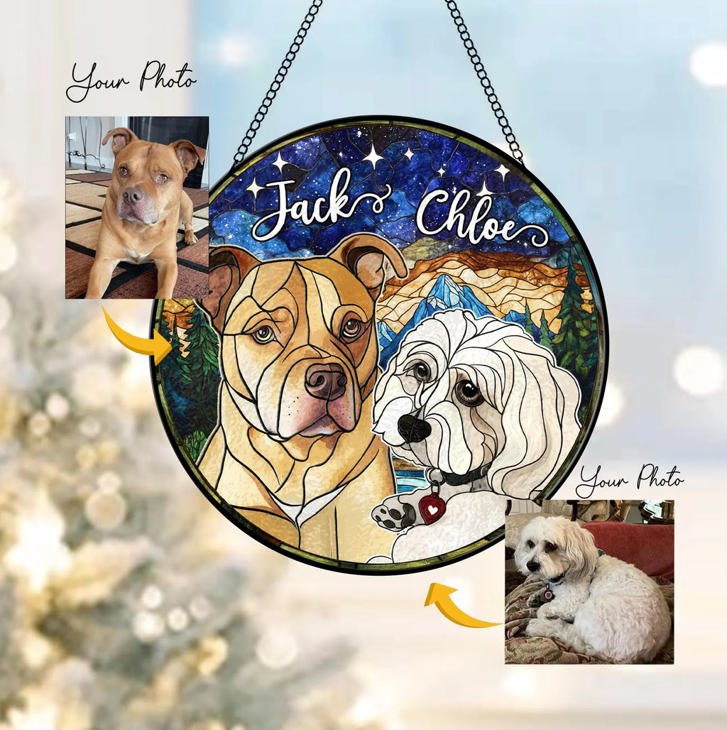 Custom Pets Portrait Glass Suncatcher, Custom Dog Portrait From Photo Glass Art, Dog Memorial Gift, Cat Lover Gift, Christmas Decoration. SCCBILUMMIE29