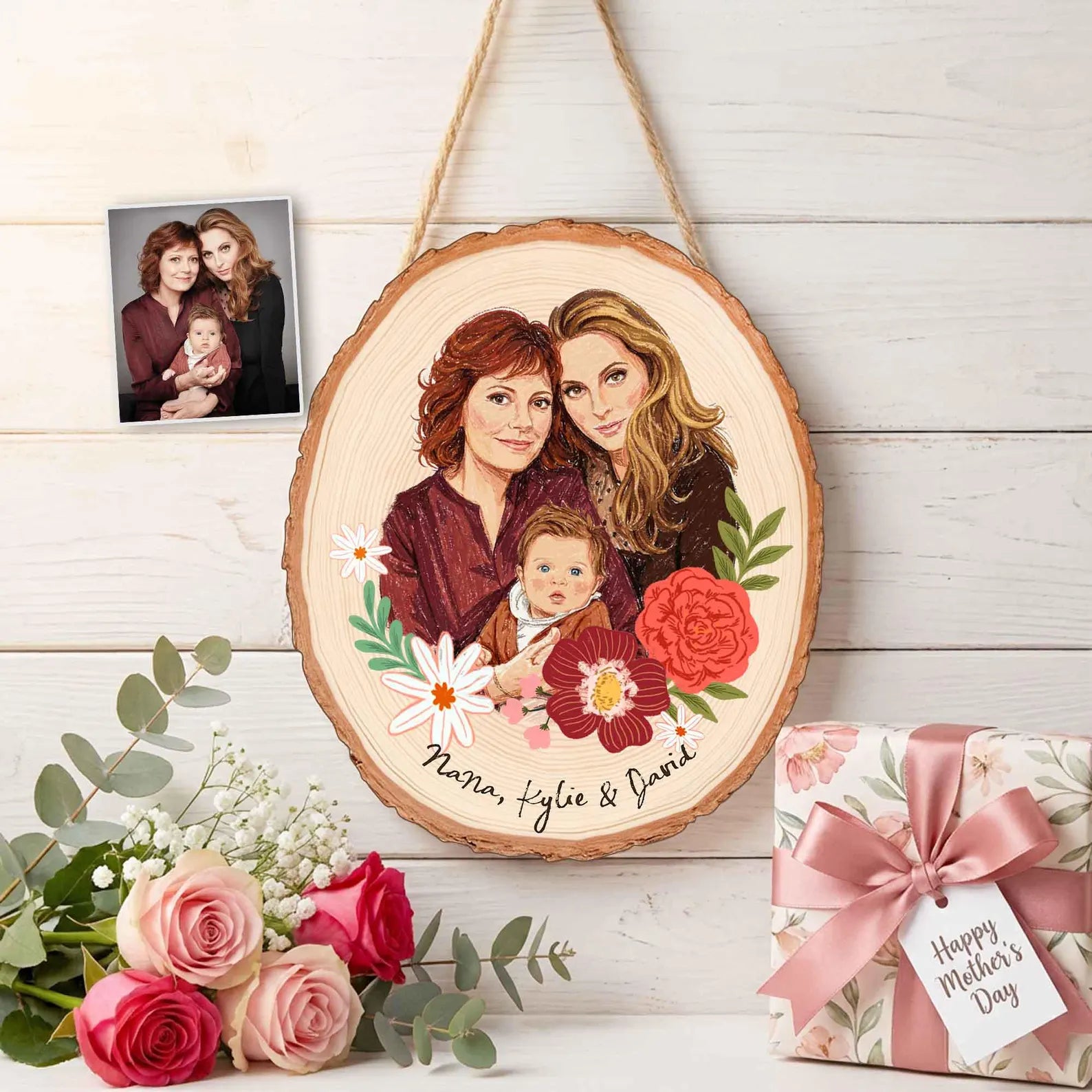 Custom Mom Portrait Wooden Hanging, Custom Family Portrait From Photo, Mother's Day Gift For Mom, Grandma Gift, 1st Mother's Day Gift. MDBILUMIE14