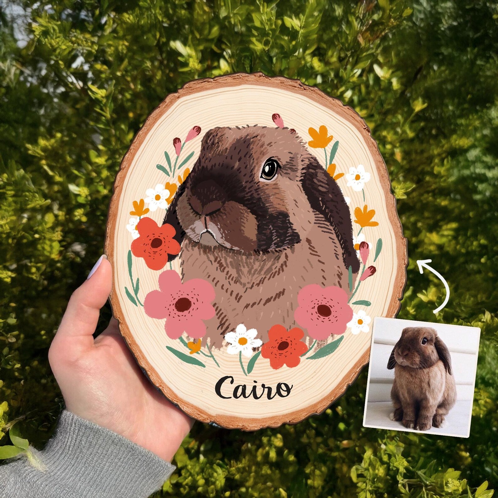 Custom Rabbit Portrait Wooden Hanging, Custom Pet Portrait From Photo, Bunny Memorial Gift, Pet Portrait Wall Art, Pet Loss Sympathy Gift. WHBILUMMIE4