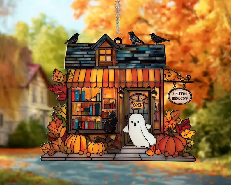 Halloween Haunted Bookstore Window Hanging, Halloween Ghost Window Hanging, Bookworm Gift, Fall Decor, Book Lover Gift, Spooky Home Decor, SCCBILUMIE3