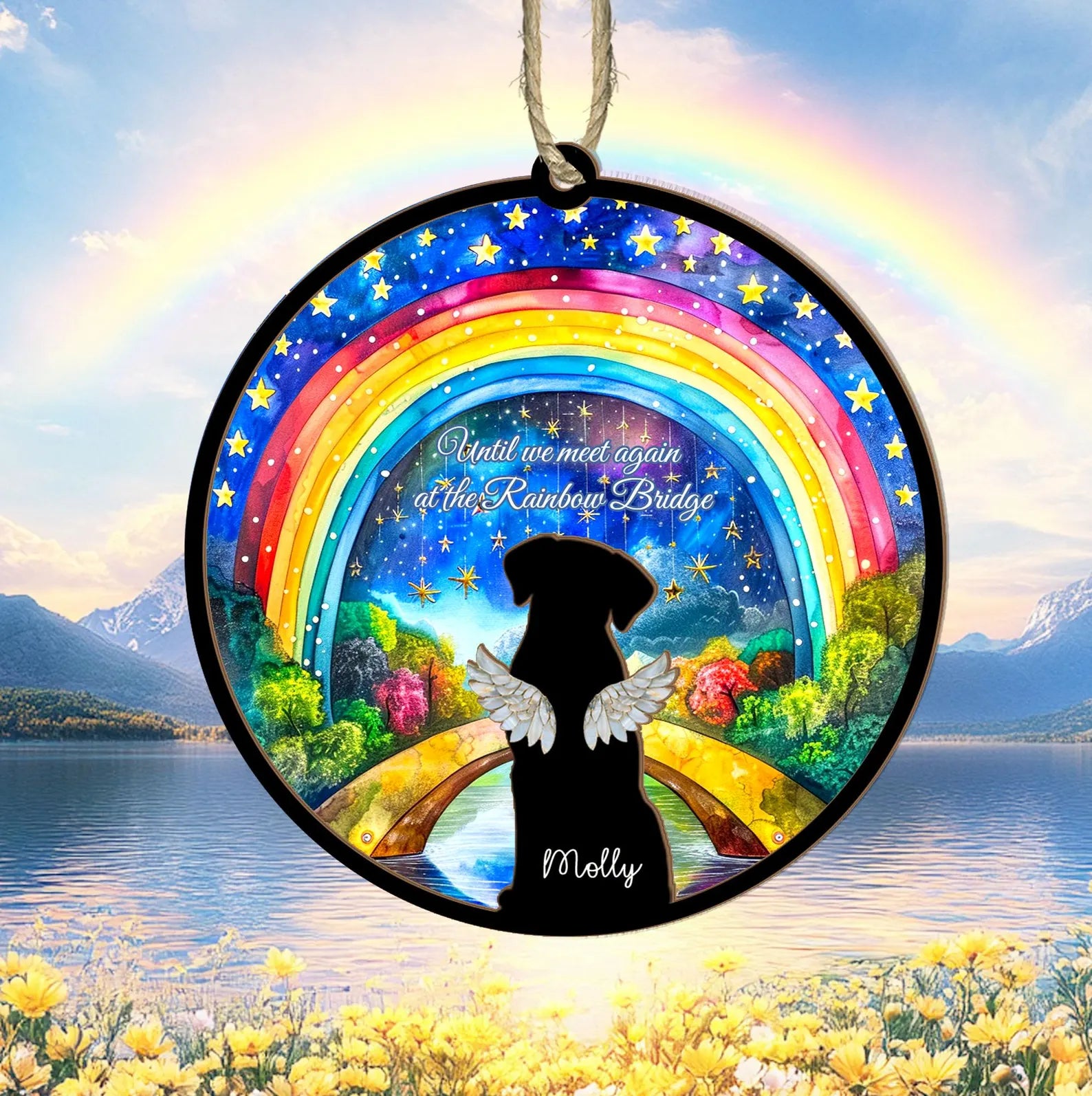 Custom Dog Rainbow Bridge Suncatcher, Dog Loss Sympathy Gift, Pet Memorial Gift, Dog Memorial Gift, Dog Remembrance Gift, Dog Lover Gift. SCCBILUMMIE47