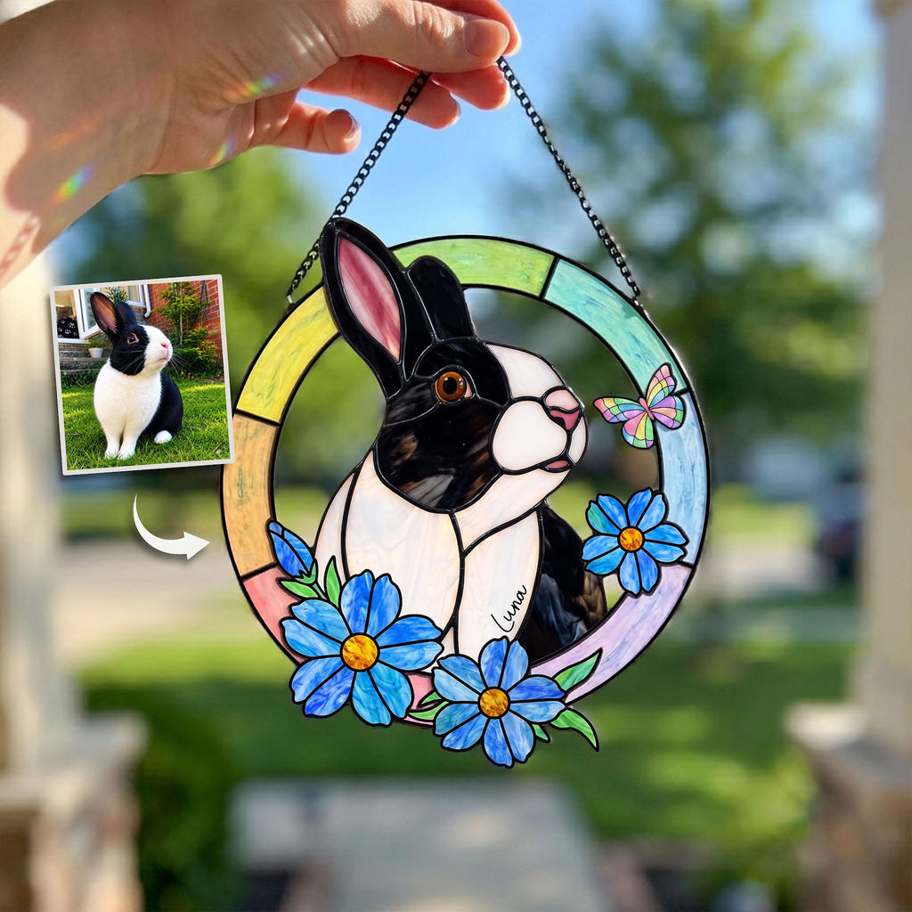 Custom Rabbit Memorial Glass Suncatcher, Custom Bunny Photo Gift, Rabbit Lover Gift, Loss Of Pet Gift, Pet Memorial Gift, Window Hanging. SCCBILUMMIE15