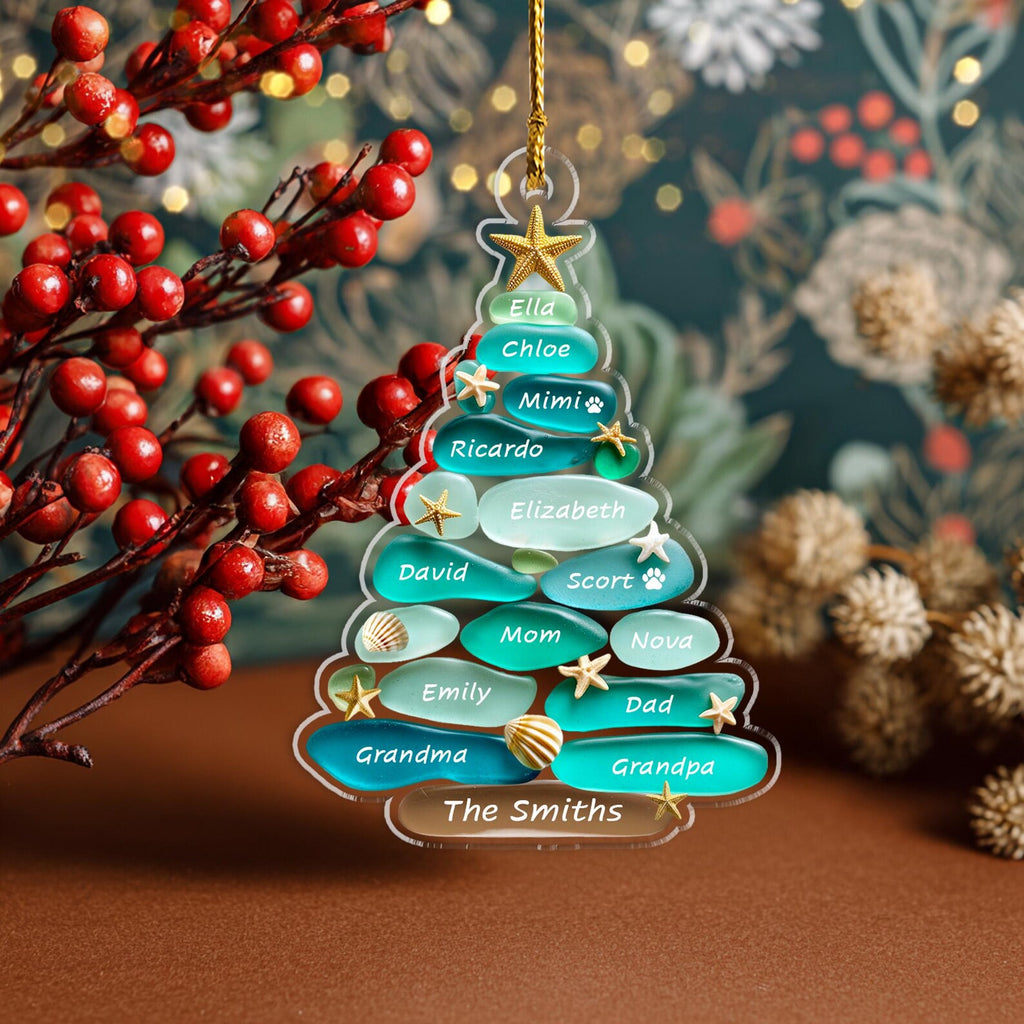 Custom Family Tree Sea Glass Christmas Ornament, Custom Family Name Ornament, Coastal Christmas, Family Christmas Gift, Christmas Decor. COBILUMIE28