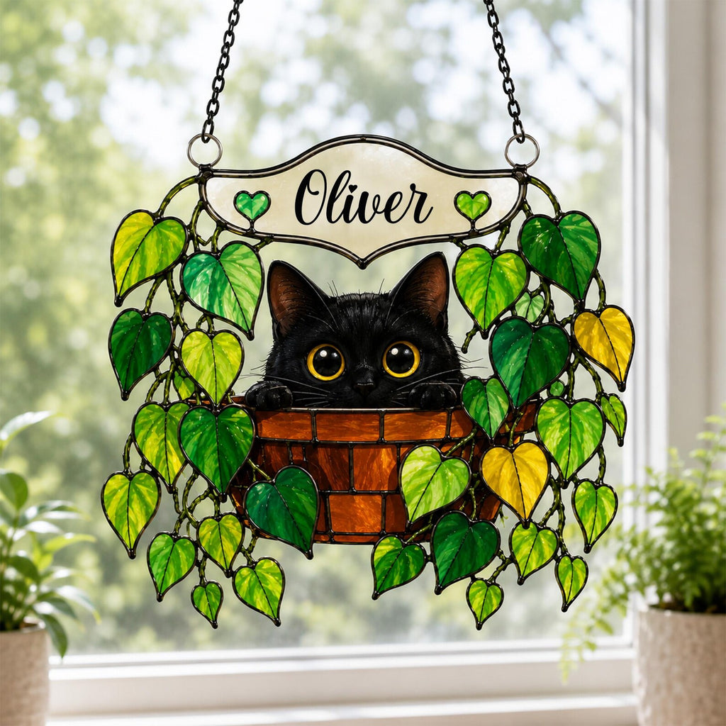 Personalized Black Cat Glass Suncatcher, Pothos Plant Suncatcher, Cat Lover Gift, Plant Mom Gift, Botanical Glass Art, Window Hanging. SCCBILUMMIE11