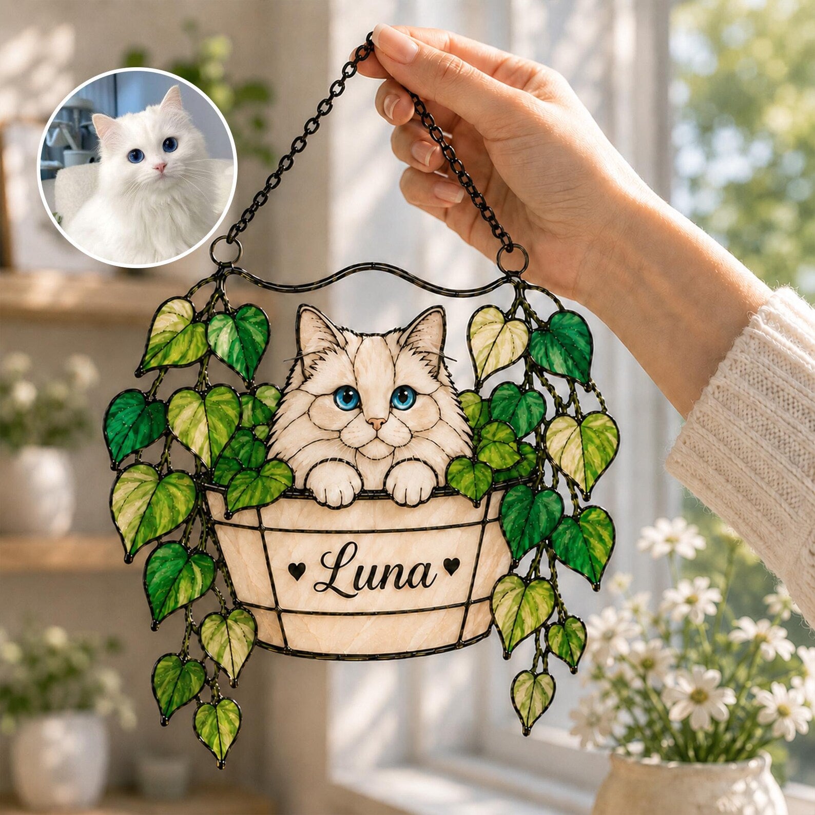 Personalized Cat Portrait Glass Suncatcher, Pothos Plant Suncatcher, Cat Lover Gift, Botanical Glass Art, Cat Mom Gift, Window Hanging. SCCBILUMMIE6
