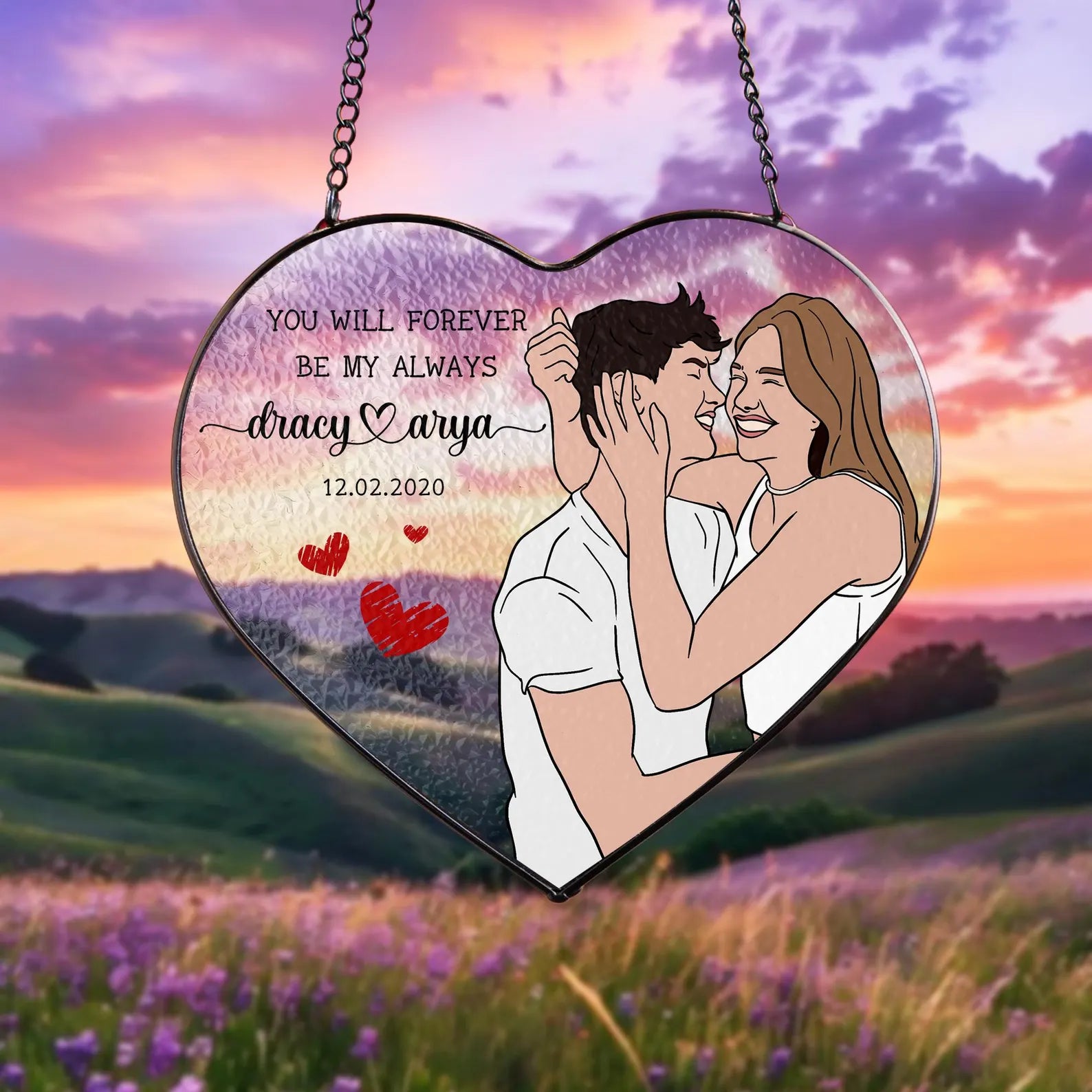 Custom Hand-draw Couple Portrait Glass Suncatcher, Anniversary Gift, Couple Portrait From Photo Gift, Boyfriend Birthday Gift, Couple Gifts. SCBILUMIE4