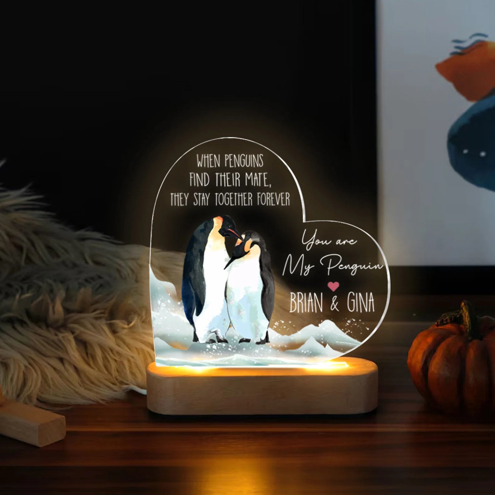 Personalized Penguin Night Light, Custom Couple Night Light, Anniversary Gift, Gift For Girlfriend, Gift For Boyfriend, Gift For Her. NLFRBILUMIE17