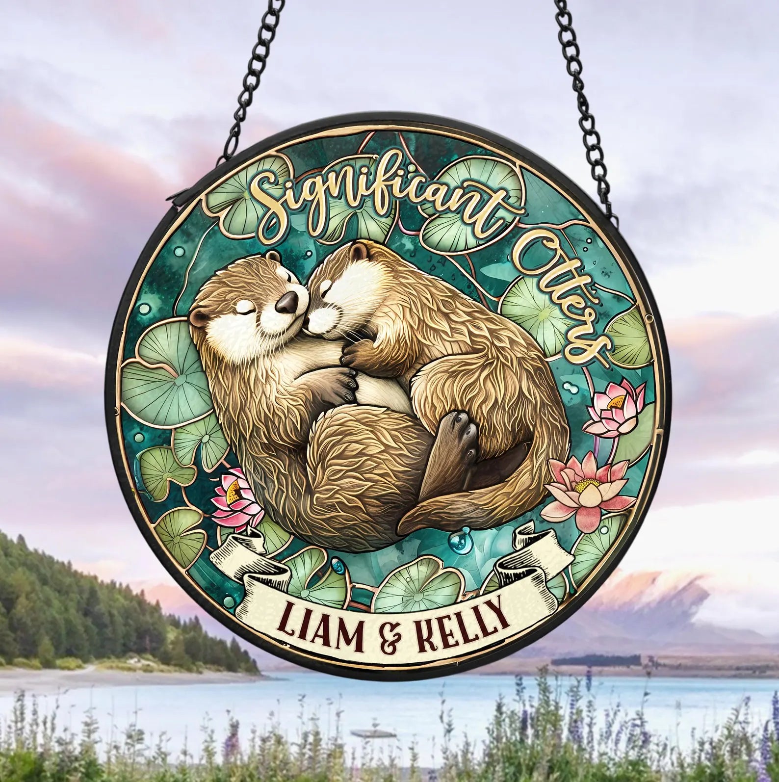 Personalized Otter Couple Glass Suncatcher, Animal Glass Suncatcher, Valentine Gifts, Anniversary Gift, Gift For Couple, Otter Gift. SCBILUMIE6