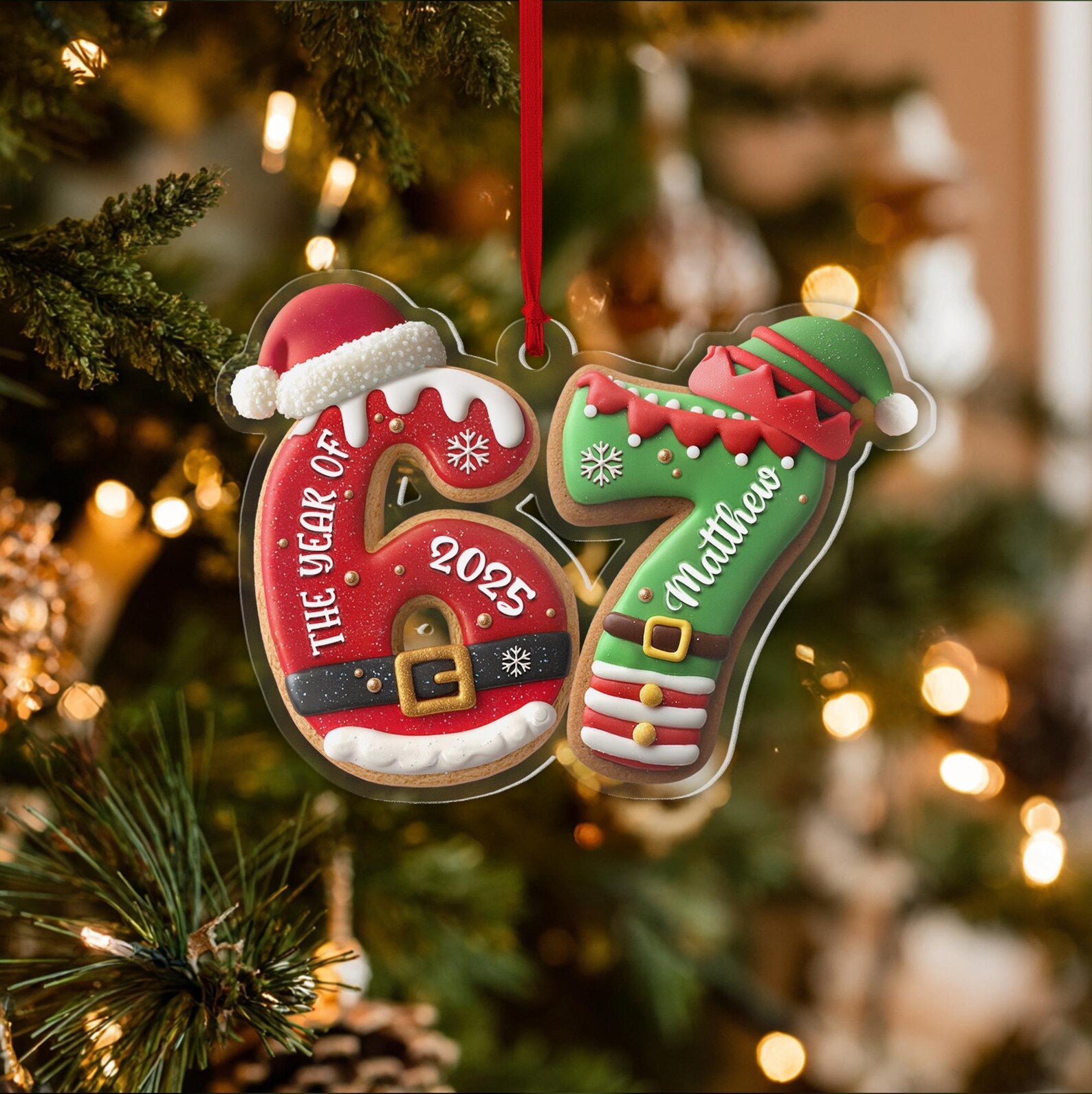 NEW Custom Name 6 7 Santa Claus Elf Christmas Ornament, Six Seven Ornament, Kids Christmas Gift, Grandkids Ornament, Christmas Decor. COBILUMIE38