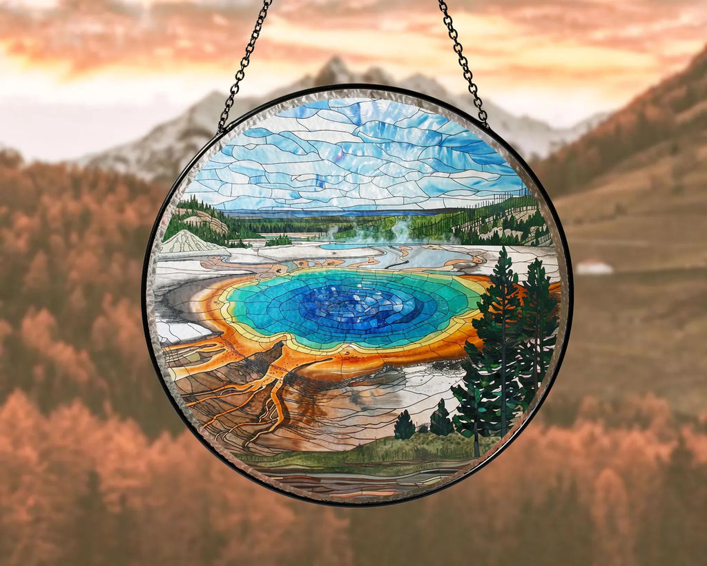 Yellowstone National Park Glass Suncatcher, US National Park Glass Art, Window Hangings, Travel Gift, National Park Gift, Nature Lover Gift. SCBILUMIE27