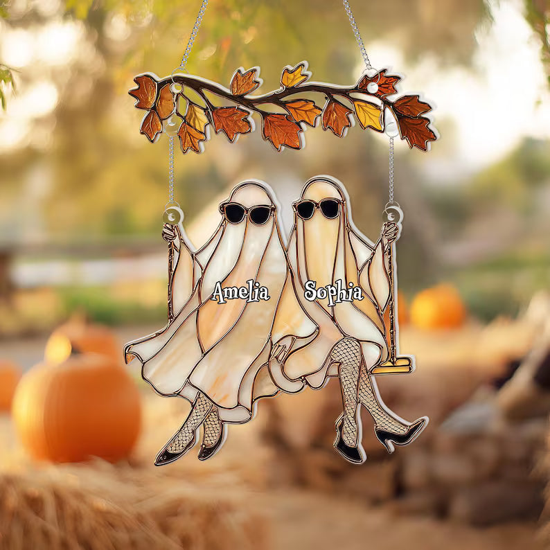 Custom Halloween Ghosts Suncatcher – Best Friends Gift, Ghost Besties Halloween Decor, Spooky Bestie Gift, Halloween Window Hanging, SCCBILUMIE2