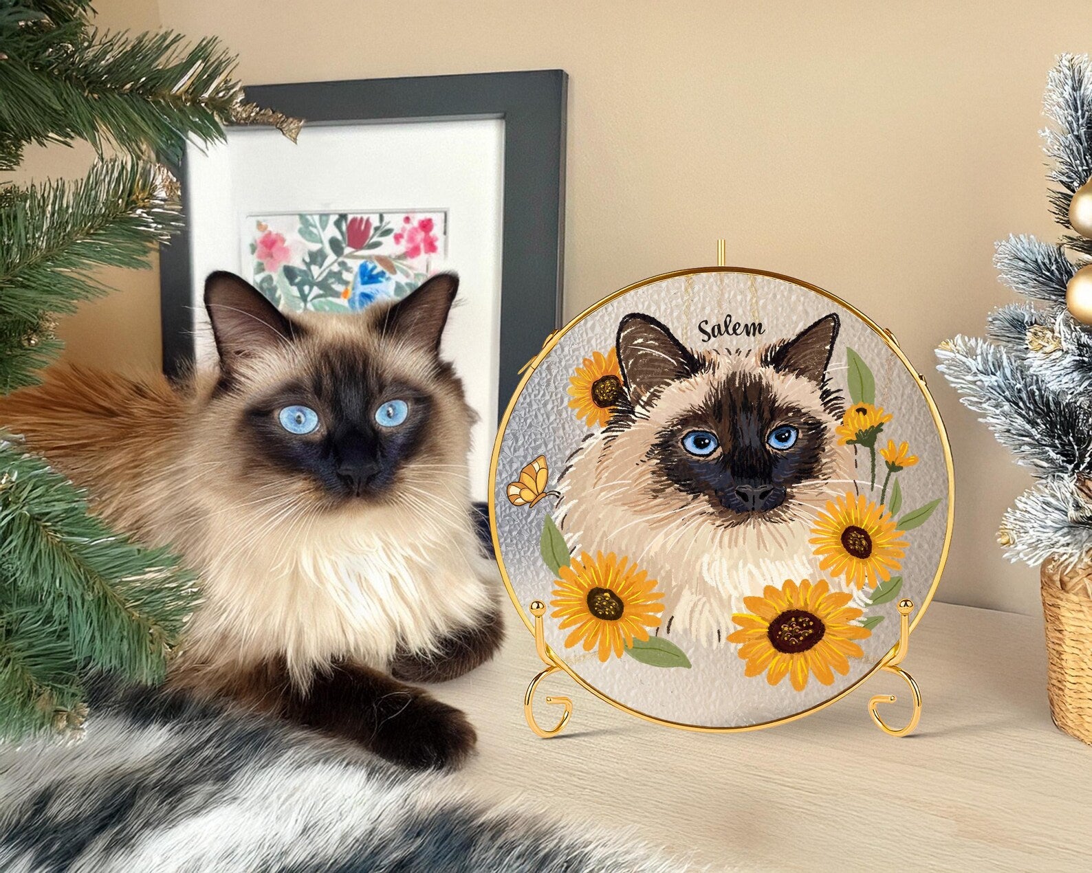 Custom Cat Portrait Glass Suncatcher with Gold Frame & Stand, Pet Memorial Gift, Cat Mom Gift, Loss Of Pet Sympathy Gift, Christmas Decor. SCCBILUMMIE34