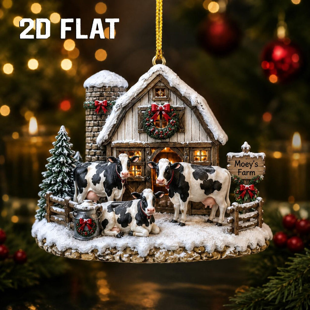 Personalized 2D Flat Cow Christmas Ornament, Custom Farm Name Wooden Ornament, Farmhouse Christmas Decor, Cow Lover Gift, Ranch Keepsake	COBILUMIE89