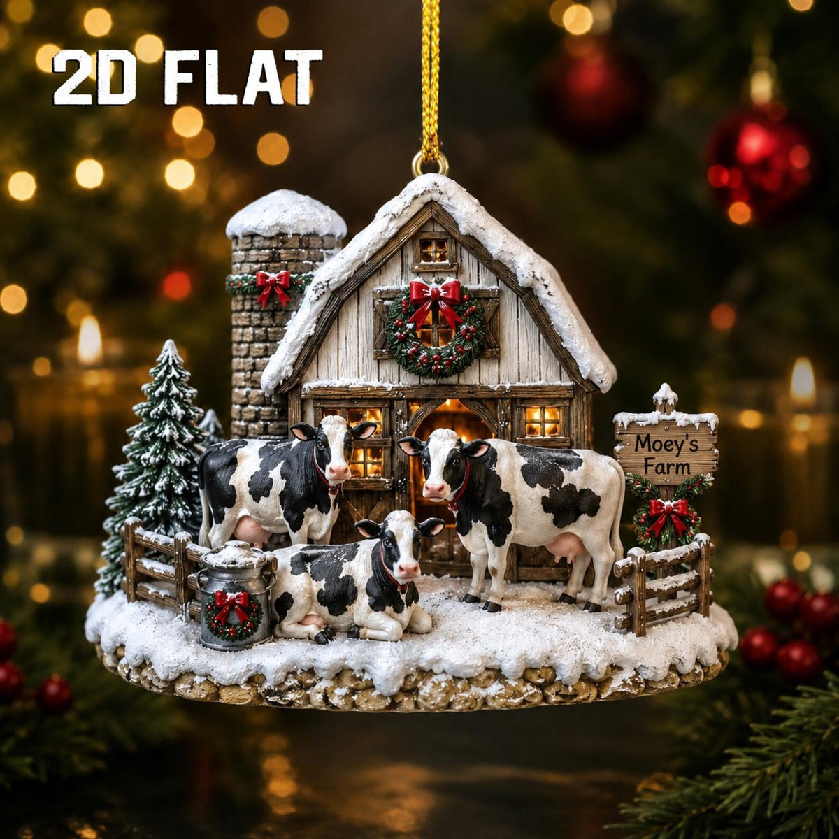 Personalized 2D Flat Cow Christmas Ornament, Custom Farm Name Wooden Ornament, Farmhouse Christmas Decor, Cow Lover Gift, Ranch Keepsake	COBILUMIE89
