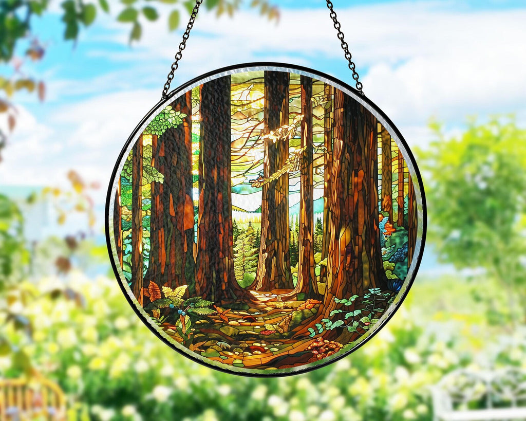Redwood National Park Glass Suncatcher, Forest Glass Suncatcher, US National Parks Window Hangings, Window Decor, Housewarming Gift. SCBILUMIE24