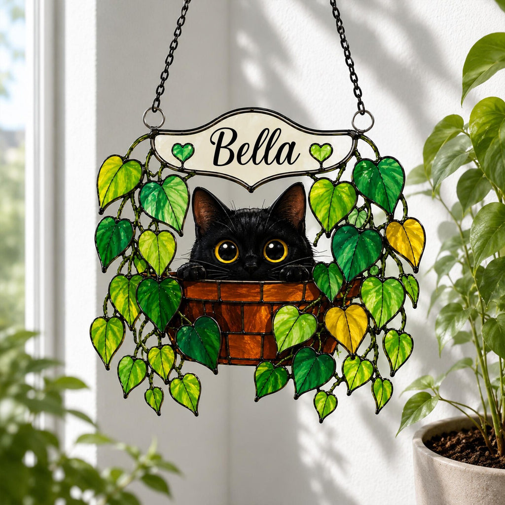 Personalized Black Cat Glass Suncatcher, Pothos Plant Suncatcher, Cat Lover Gift, Plant Mom Gift, Botanical Glass Art, Window Hanging. SCCBILUMMIE11