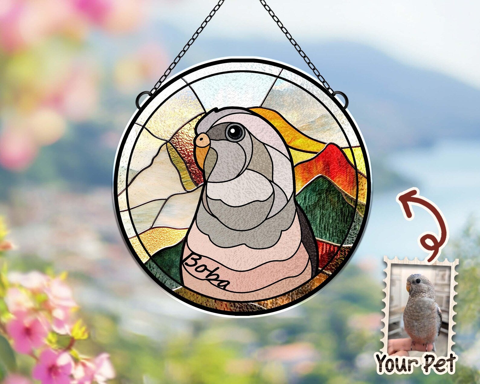 Personalized Parrot Portrait Glass Suncatcher, Bird Memorial Gift, Pet Portrait From Photo Suncatcher, Bird Lover Gift, Pet Memorial Gift. SCCBILUMMIE33
