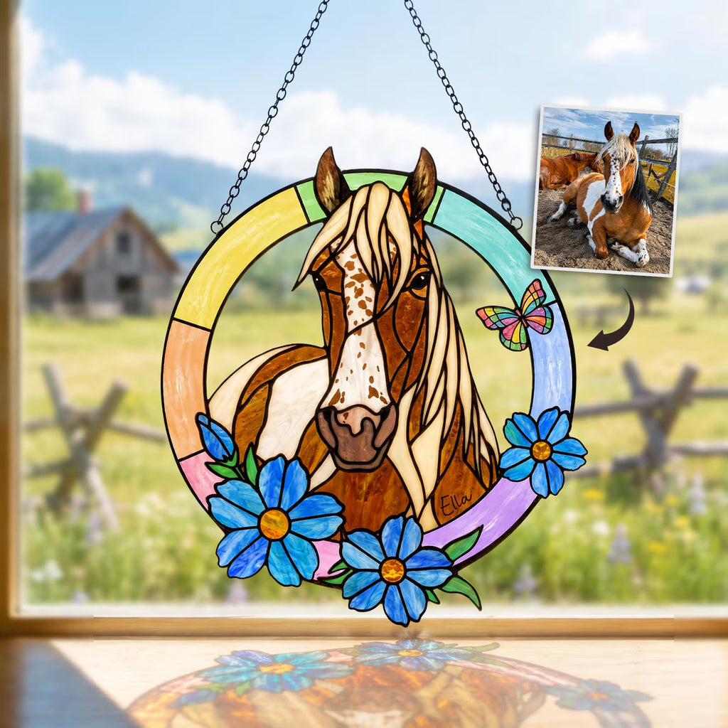 Personalized Horse Memorial Glass Suncatcher, Custom Pet Portrait From Photo Gift, Pet Memorial Gift, Horse Lover Gift, Horse Girl Gift. SCCBILUMMIE42