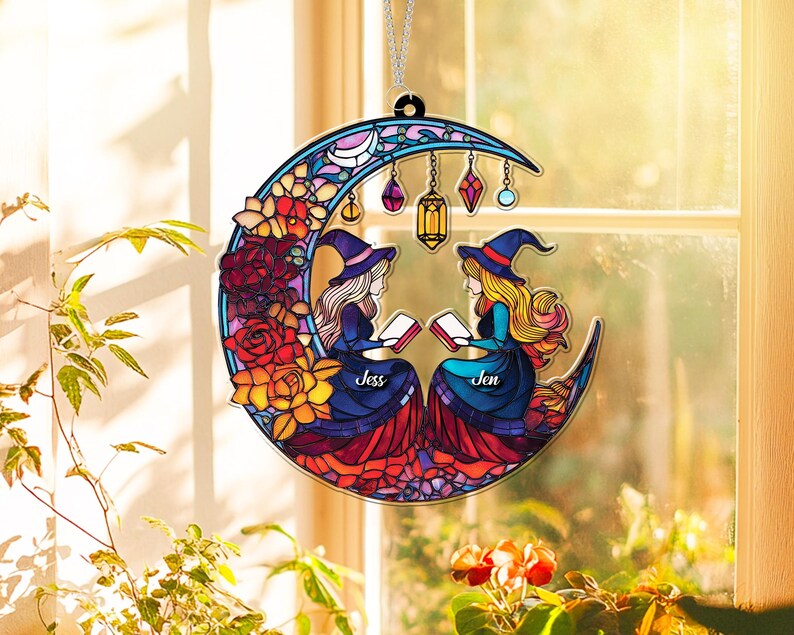 Witch Reading Window Hanging, Halloween Witch And Moon Window Hanging, Bookworm Gift, Fall Decor, Book Lover Gift, Halloween Decor, SCCBILUMIE1