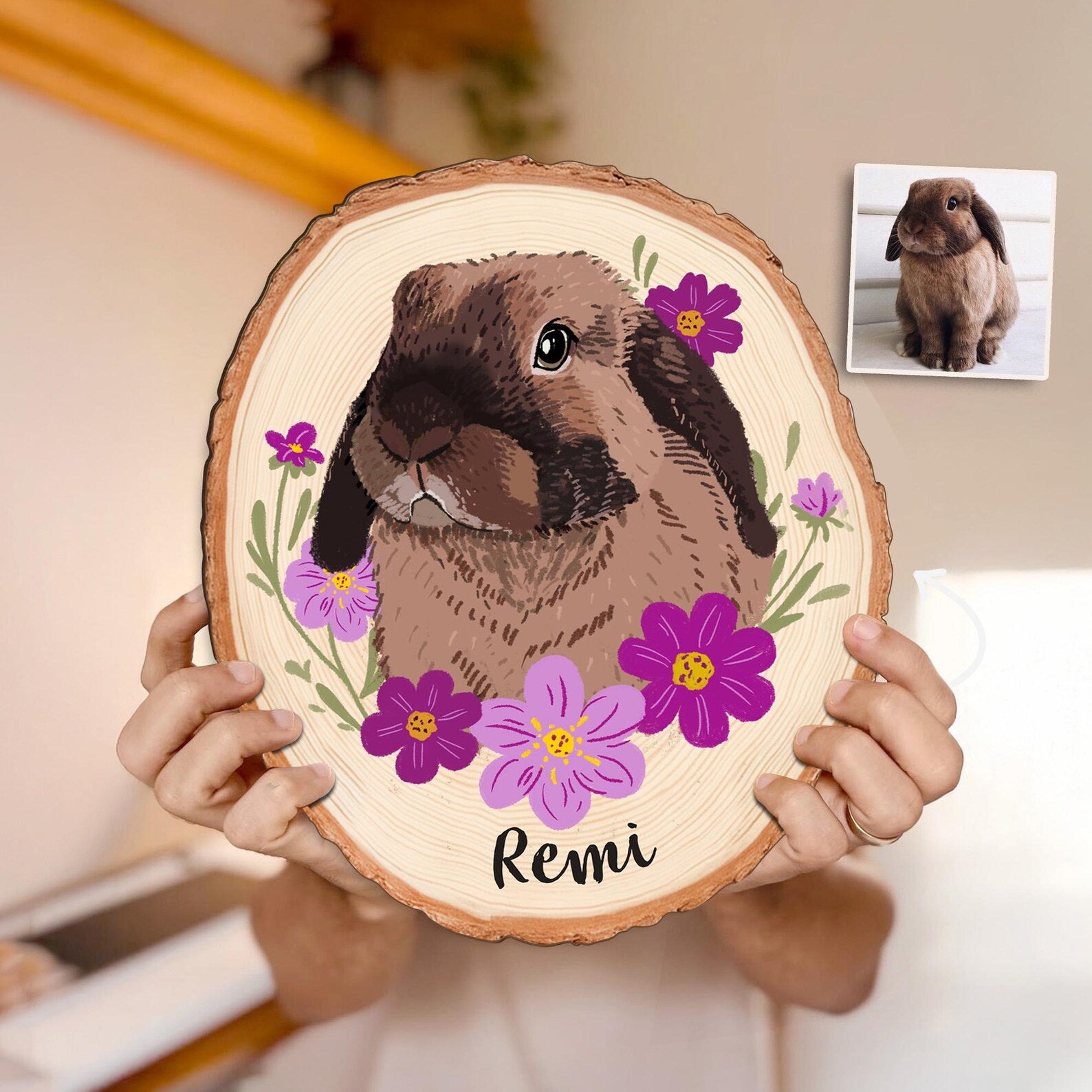 Custom Rabbit Portrait Wooden Hanging, Custom Pet Portrait From Photo, Bunny Memorial Gift, Pet Portrait Wall Art, Pet Loss Sympathy Gift. WHBILUMMIE4