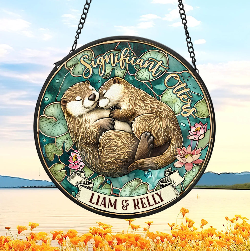 Personalized Otter Couple Glass Suncatcher, Animal Glass Suncatcher, Valentine Gifts, Anniversary Gift, Gift For Couple, Otter Gift. SCBILUMIE6