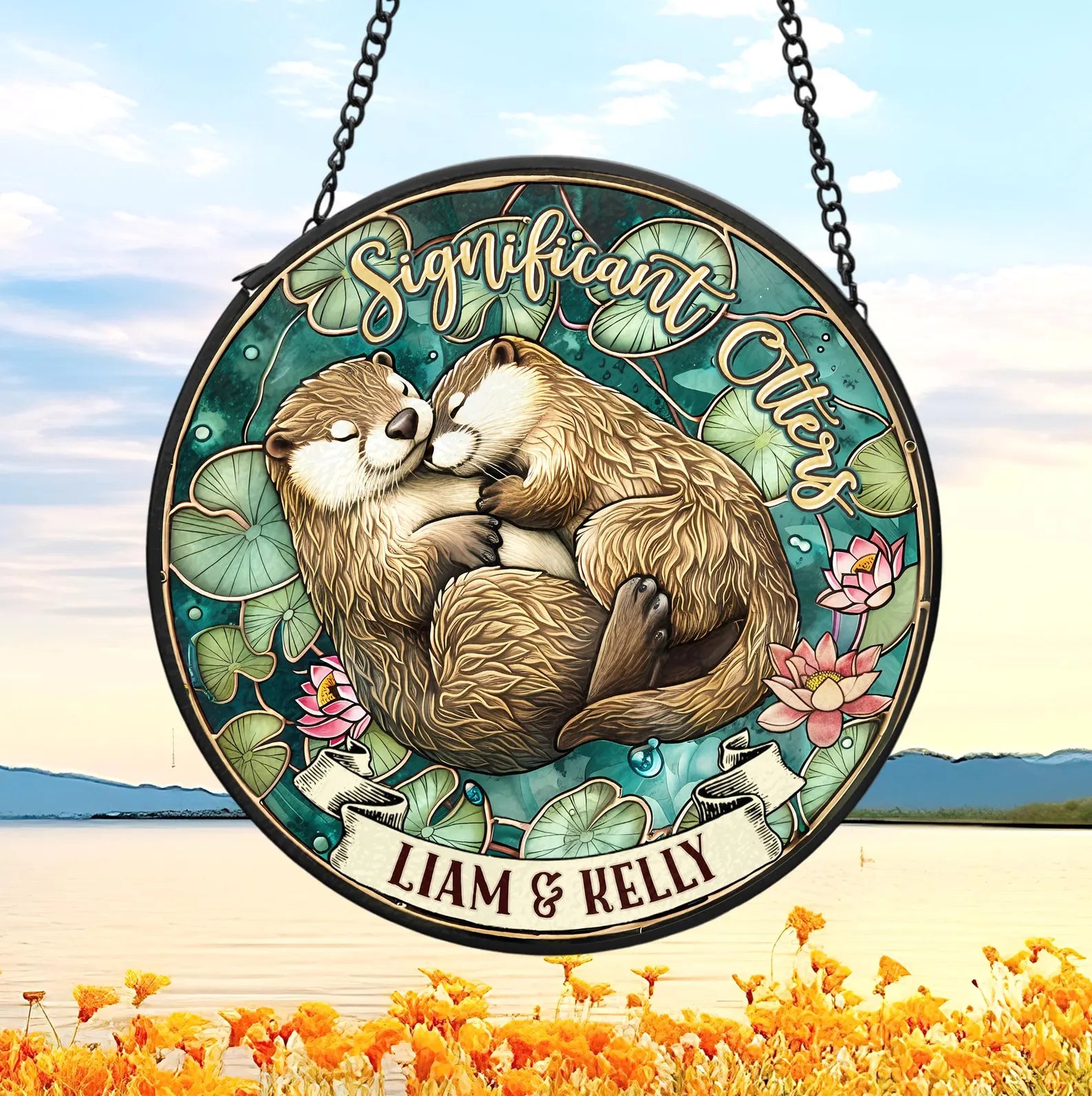 Personalized Otter Couple Glass Suncatcher, Animal Glass Suncatcher, Valentine Gifts, Anniversary Gift, Gift For Couple, Otter Gift. SCBILUMIE6