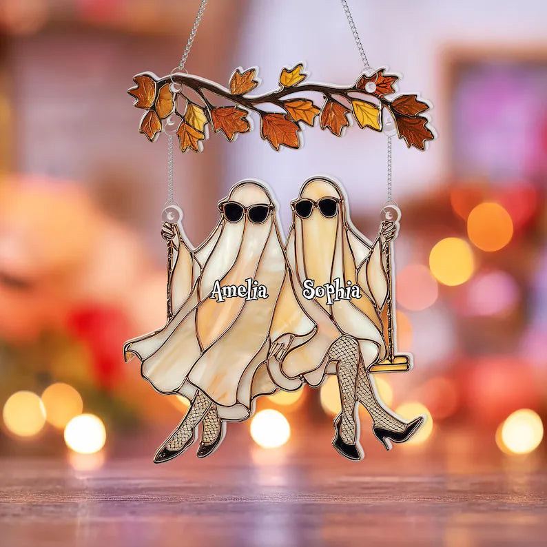 Custom Halloween Ghosts Suncatcher – Best Friends Gift, Ghost Besties Halloween Decor, Spooky Bestie Gift, Halloween Window Hanging, SCCBILUMIE2