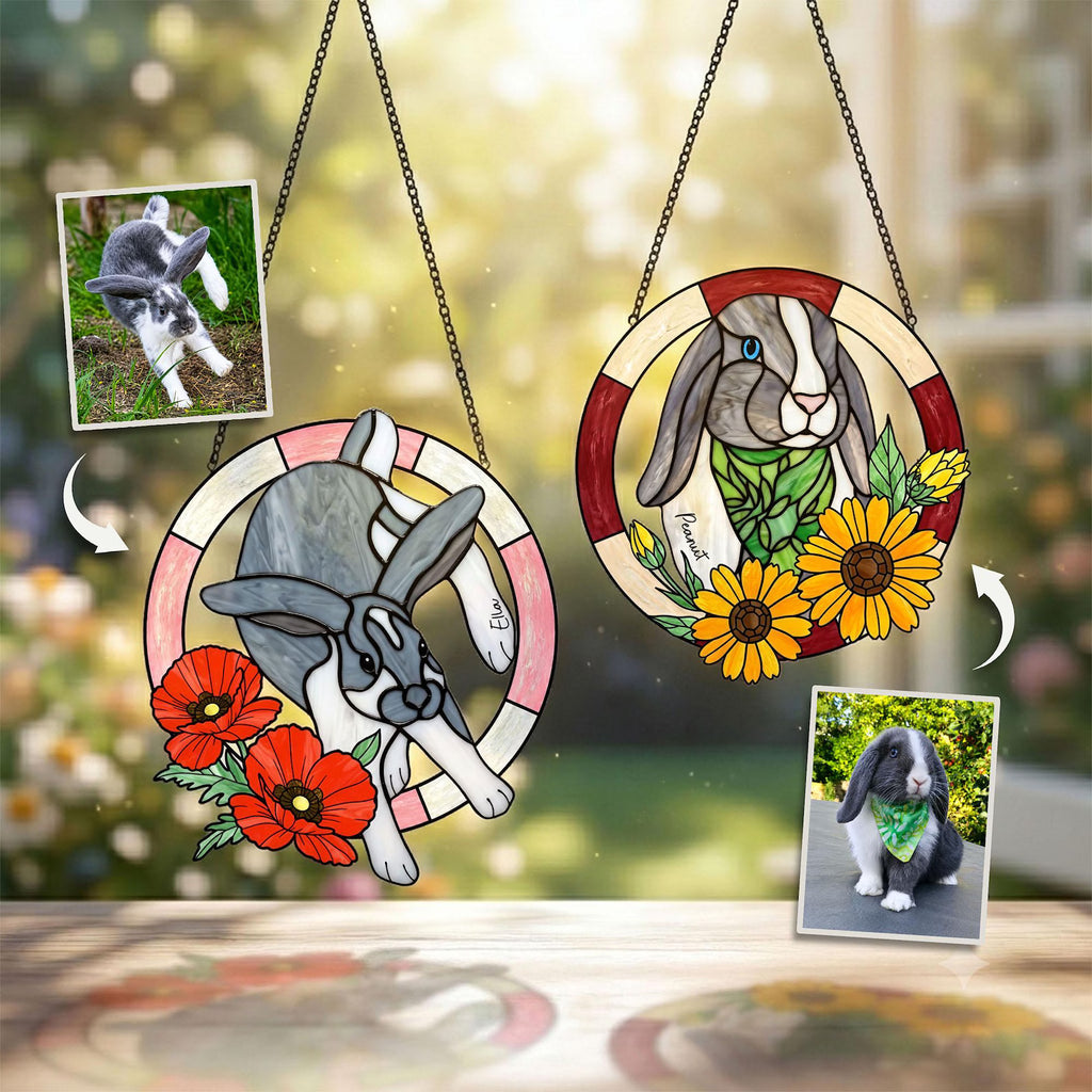 Custom Rabbit Memorial Glass Suncatcher, Custom Bunny Photo Gift, Rabbit Lover Gift, Loss Of Pet Gift, Pet Memorial Gift, Window Hanging. SCCBILUMMIE15