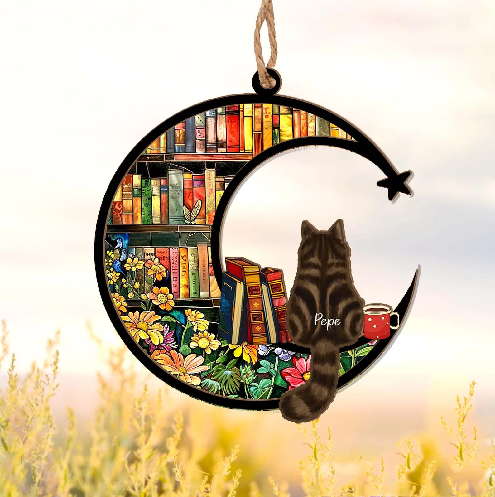 Personalized Cat Book Suncatcher, Custom Reading Cat Suncatcher, Bookish Gift, Cat Window Hangings, Gift for Cat Lover, Gift for Book Lovers. SCCBILUMMIE36