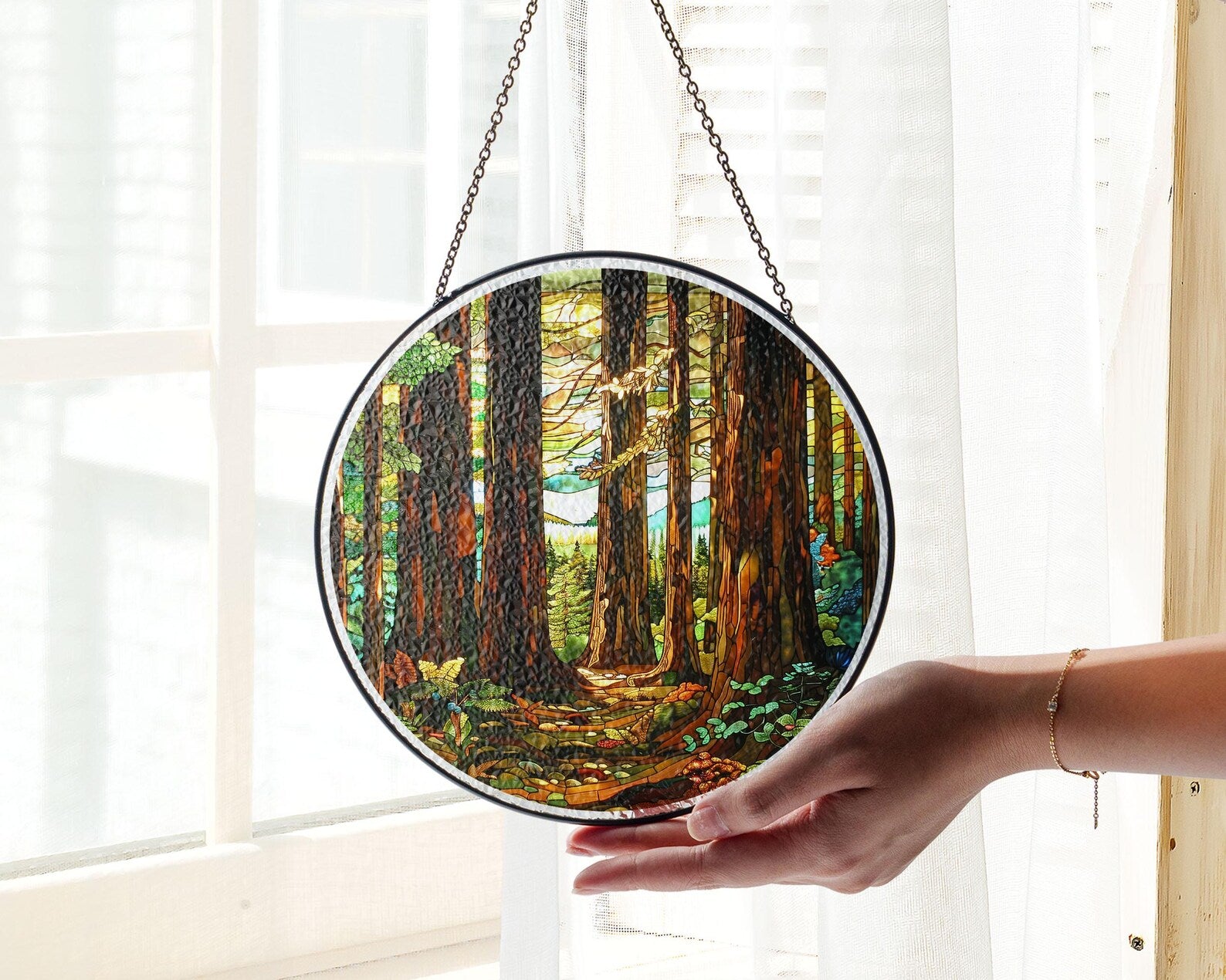 Redwood National Park Glass Suncatcher, Forest Glass Suncatcher, US National Parks Window Hangings, Window Decor, Housewarming Gift. SCBILUMIE24